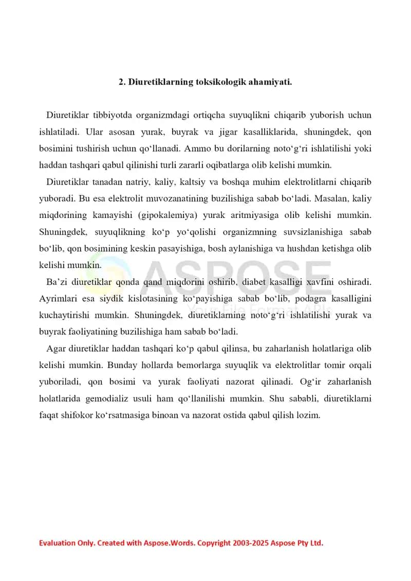 4. Diuretiklar. Toksikologik ahamiyati, izolyatsiyasi, sifat va miqdoriy tahlili. Referat 7 bet. 3