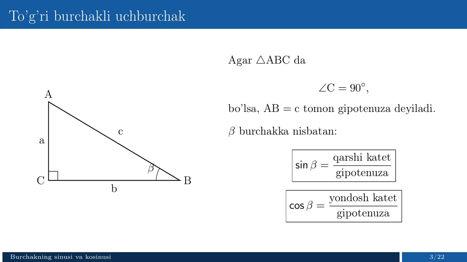 Burchakning sinusi, kosinusi. Sinuslar va kosinuslar teoremalari (Taqdimot) 3