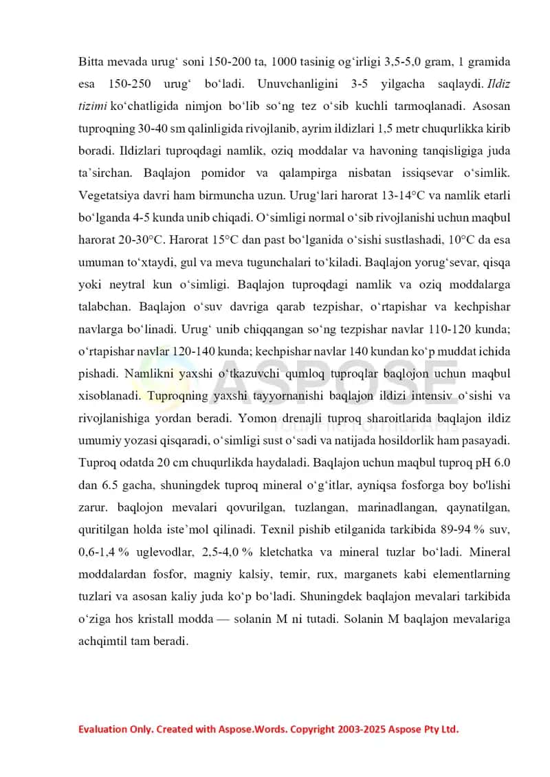 Quritilgan 18 tonna baqlajon mahsulotlarini qadoqlash uchun talab qilinadigan qadoqlash materiallarini turi va miqdorini hisoblash 3