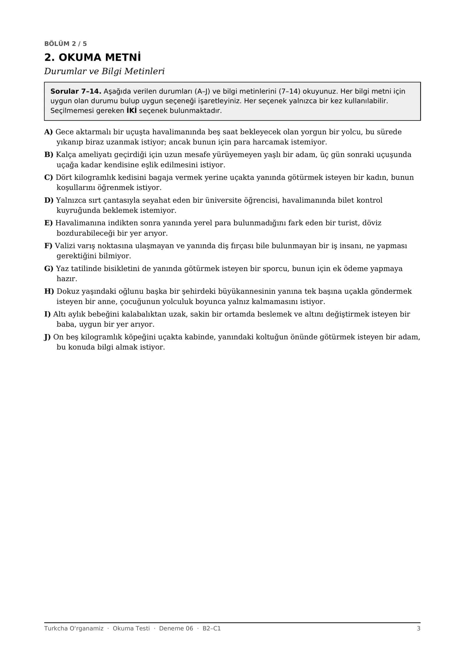 Turk tili Okuma testlari 06-10 deneme B2-C1 (Milliy sertifikat formati, javoblar bilan) 3