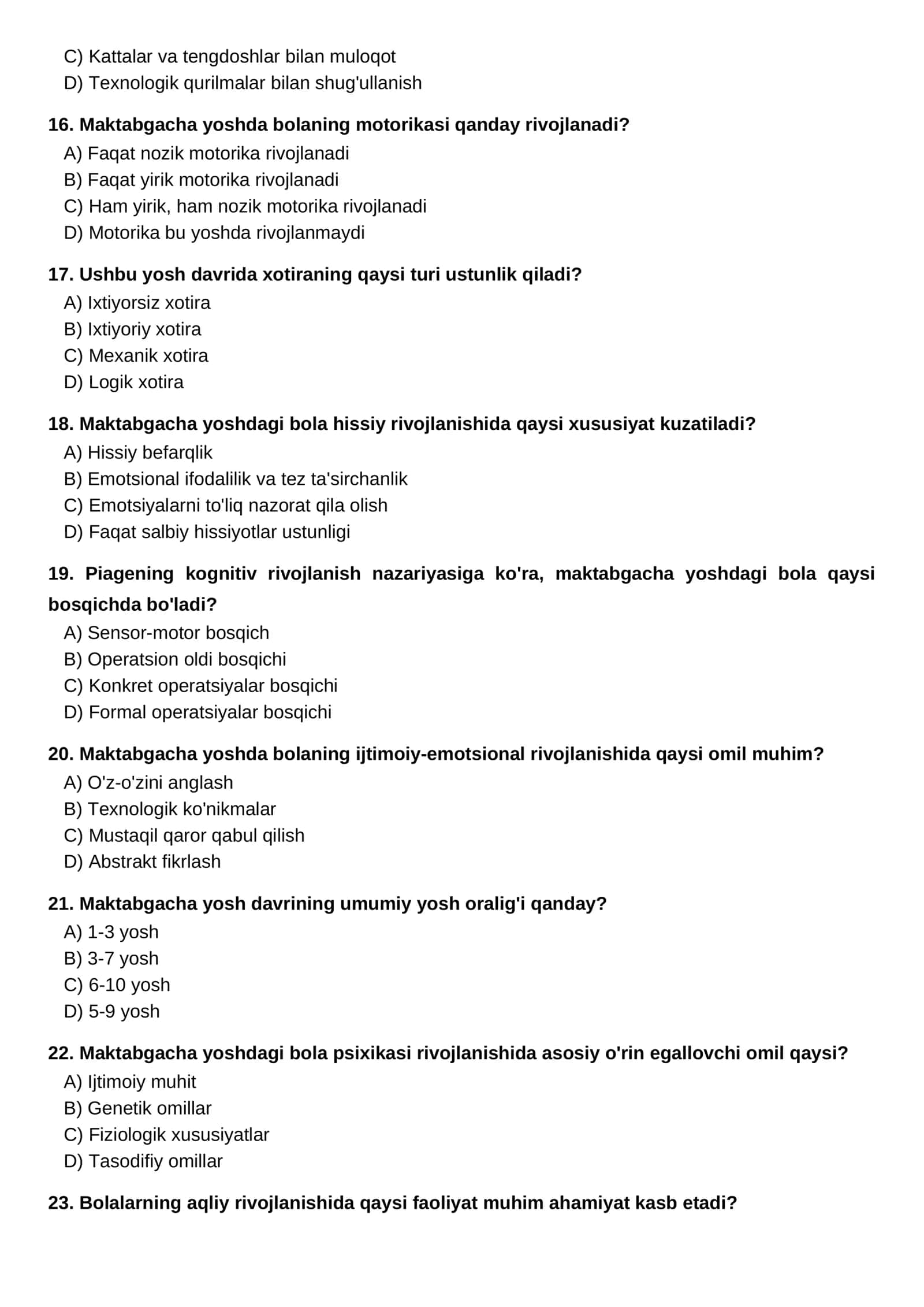 Maktabgacha Yosh Davrida Psixofiziologik Taraqqiyot Test Savollari 3