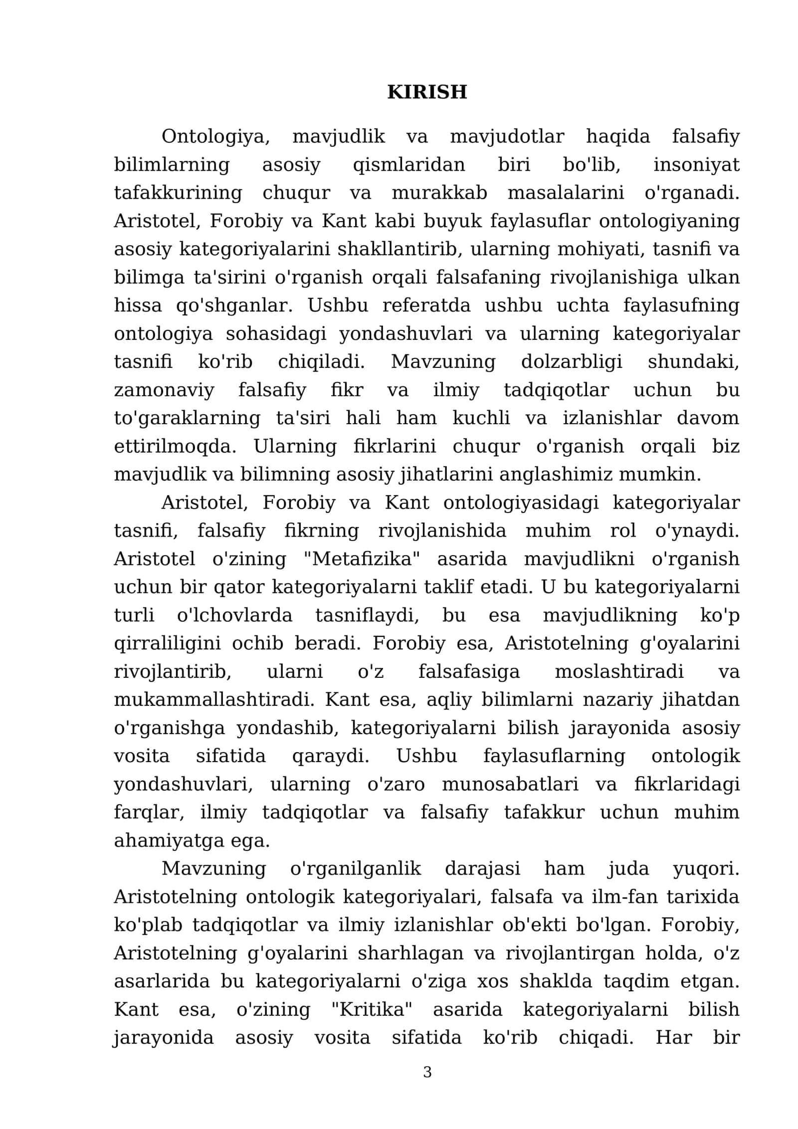 Aristotel,Forobiy va Kant ontologiyasida kategoriyalar tasnifi 3