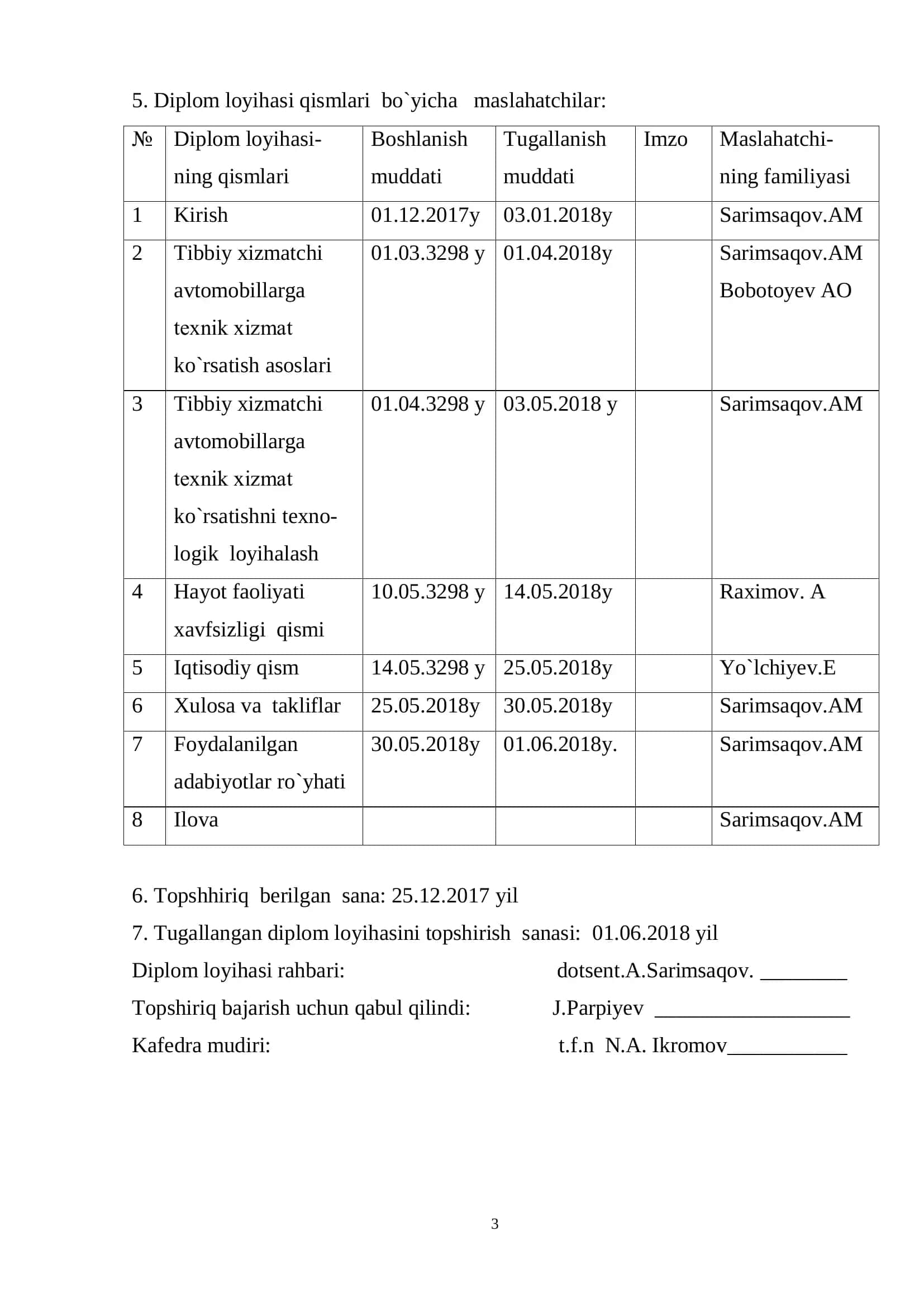 Tibbiy xizmatchi avtomobillarga tеxnik xizmat ko`rsatishni tashkil etish Diplom loyihasi 3