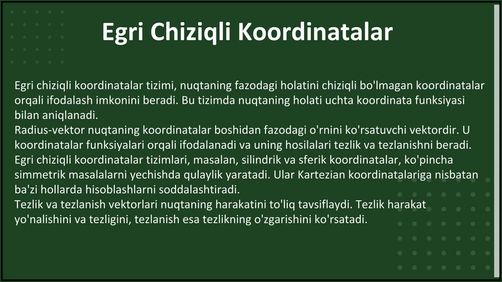 NUQTANING EGRI CHIZIQLI KOORDINATALARDAGI TEZLIK, TEZLANISHI 3