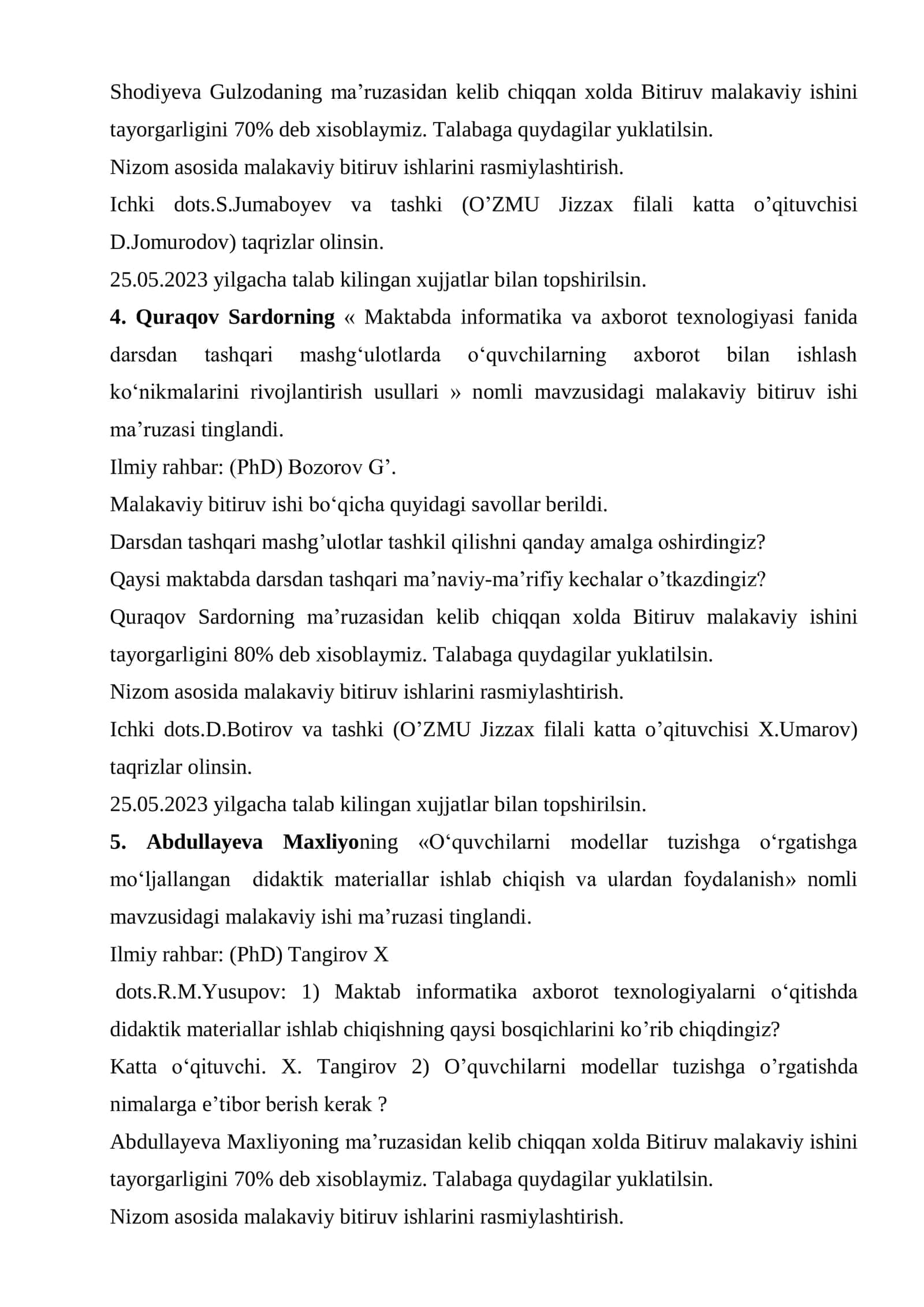 Informatika va raqamli ta’lim texnologiyalari kafedrasida o‘tkazilgan yigilish BAYONNOMASI № 3