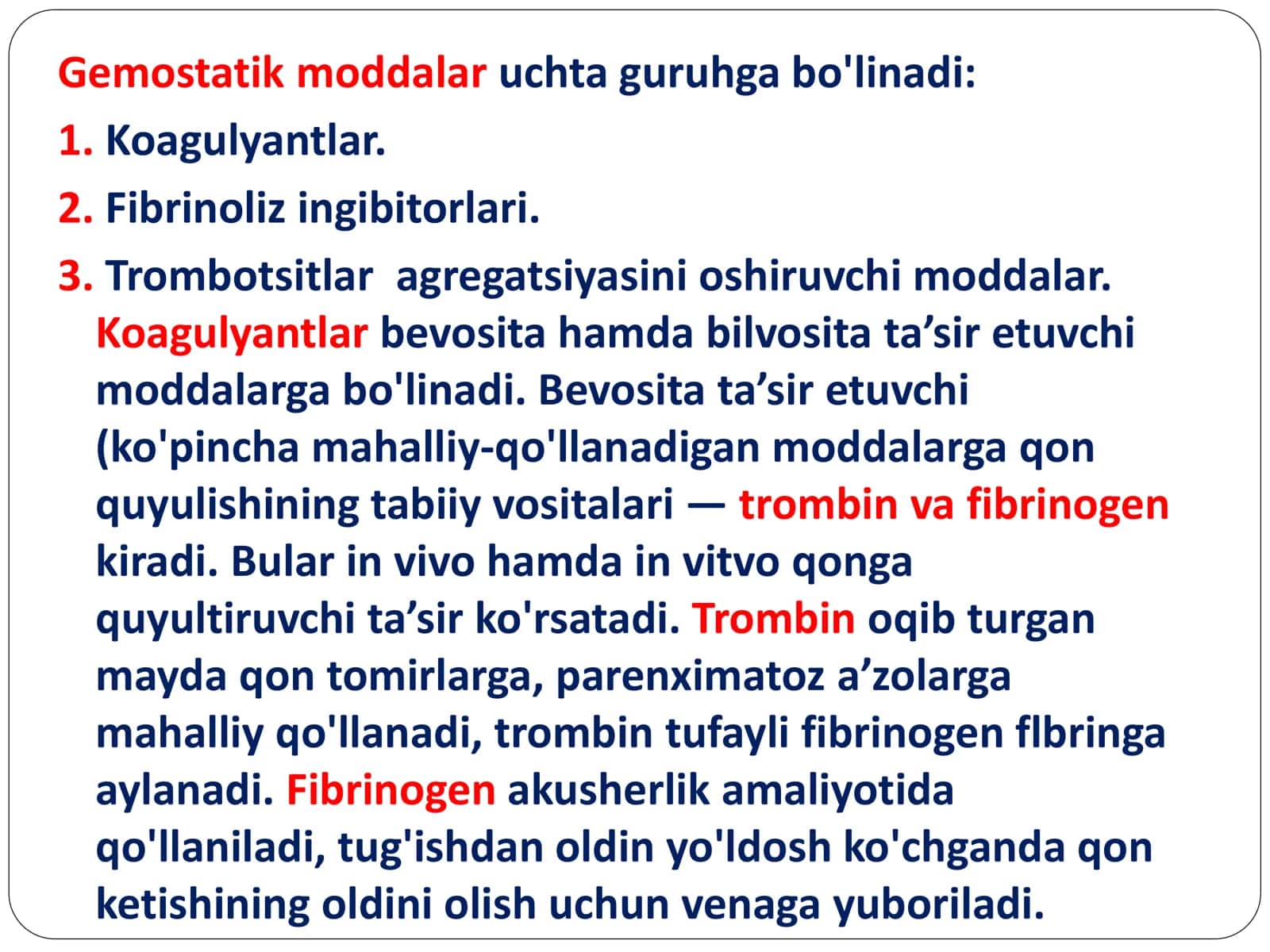 TROMBOTSITLAR AGREGATSIYASIGA, QON IVISH JARAYONIGA VA FIBRINOLIZGA TA’SIR ETUVCHI VOSITALAR 3