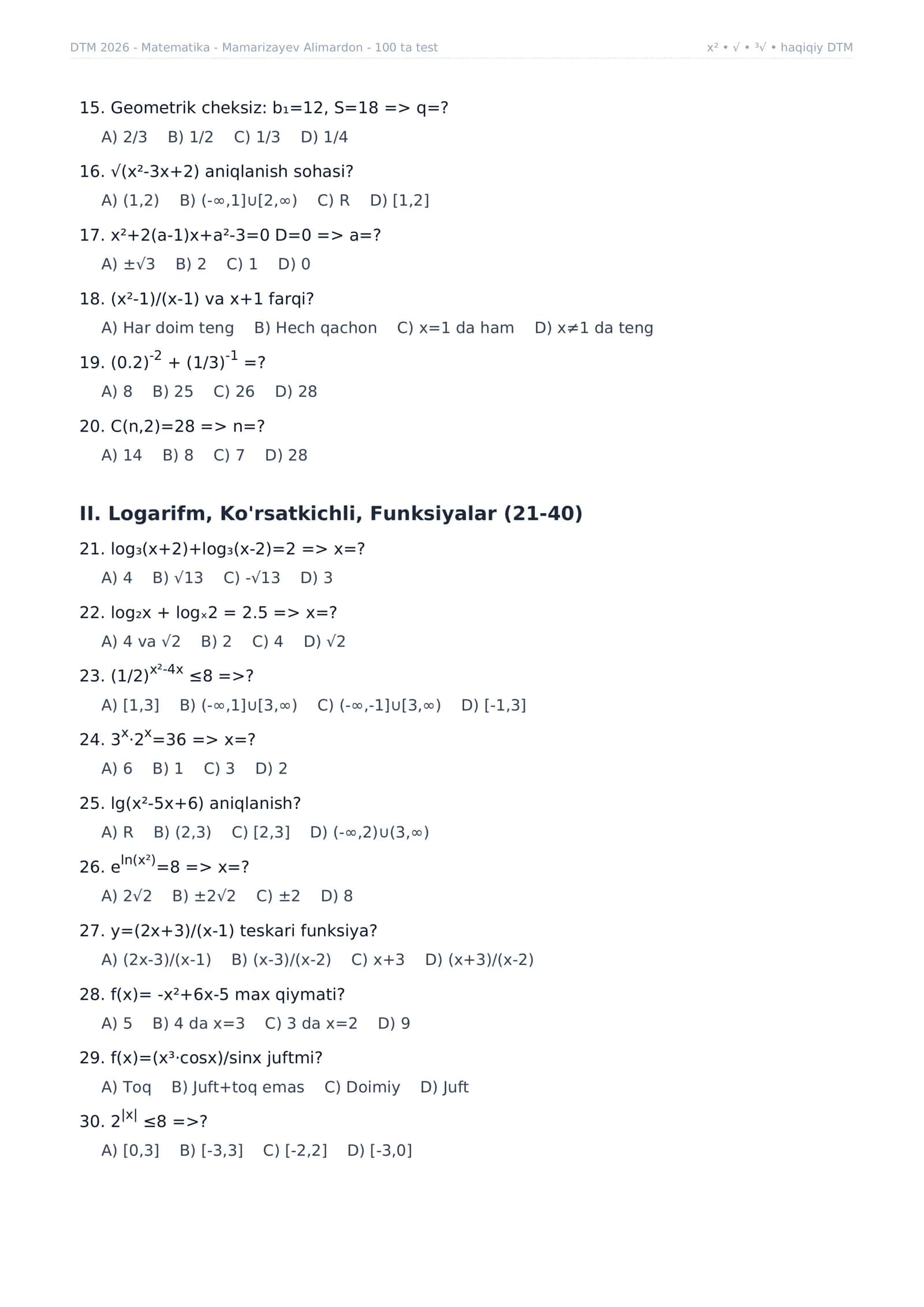 Matematika DTM dan 100 ta testlar to'plami 3