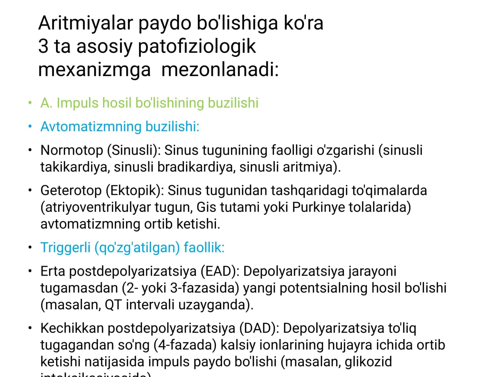 Aritmiyalar. Yurak qoʻzg'aluvchanlik funksiyasini buzilishi. Ekstrasistoliy turlari. Paroksizmal va xilpillovchi aritmiyalar, bolalardagi xususiyatlari 3