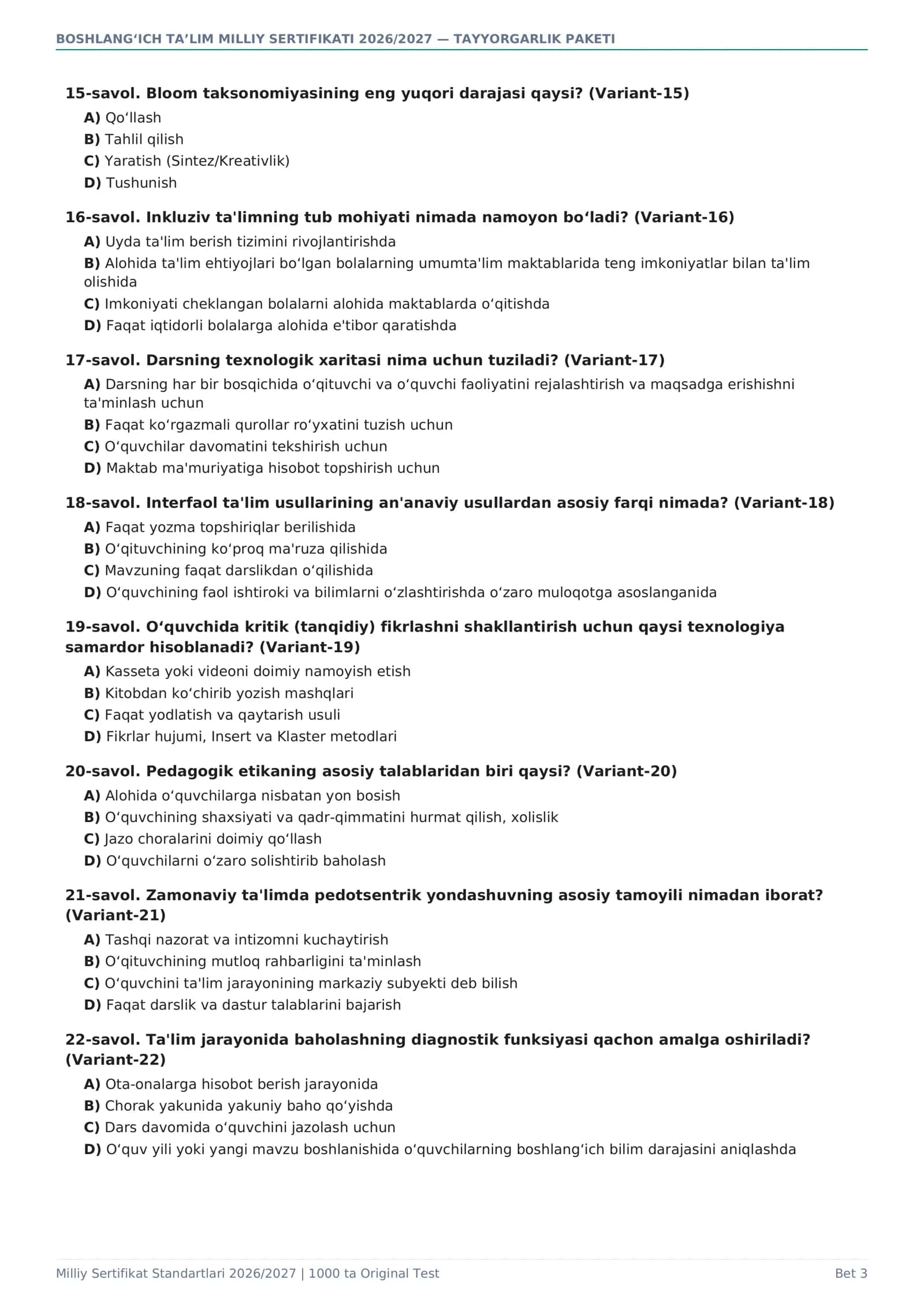 BOSHLANG‘ICH TA’LIM MILLIY SERTIFIKATI 2026/2027 — 1000 TA TEST + 20 SINOV 3