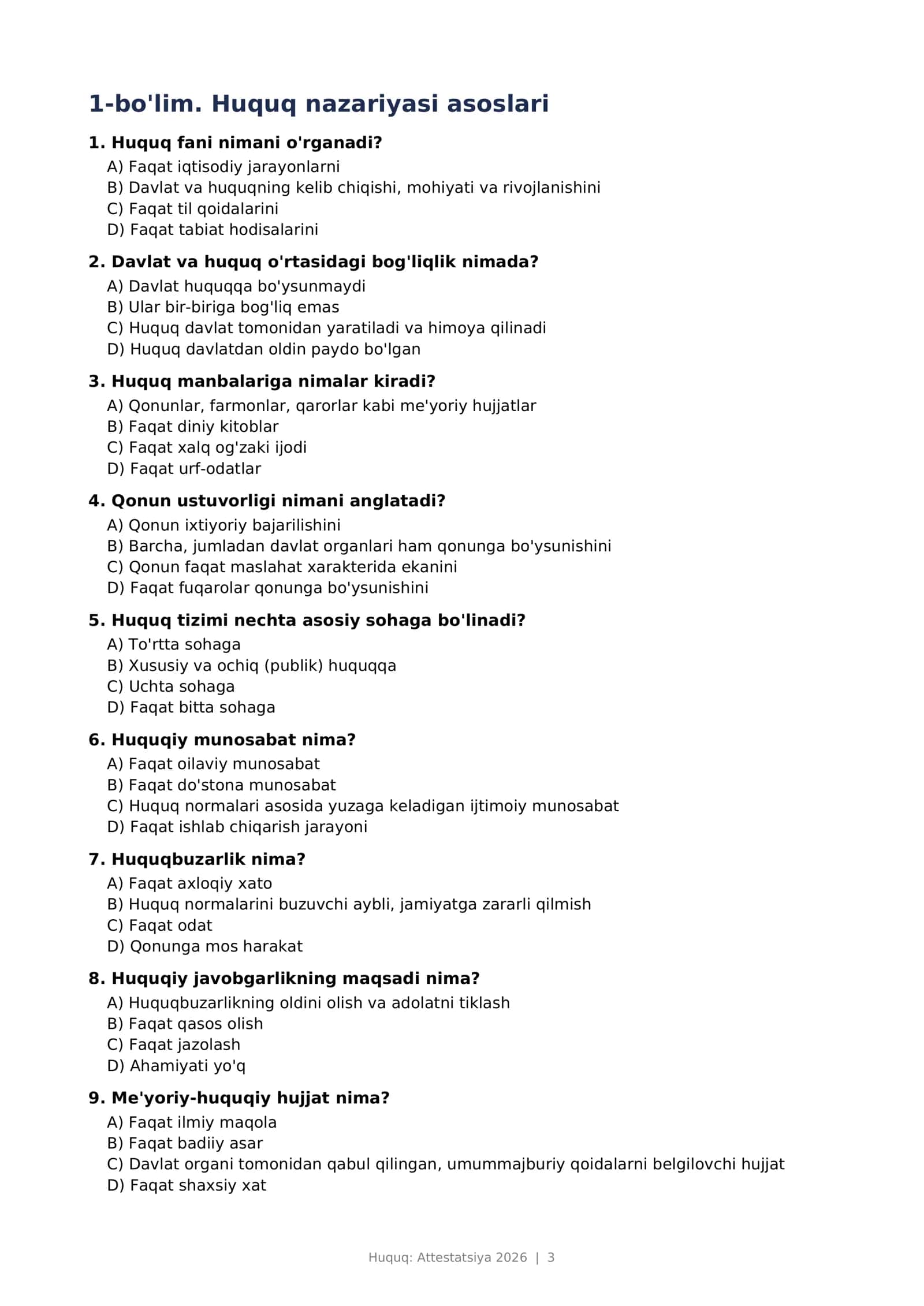 Huquq attestatsiya Oltin testlar to'plami 3