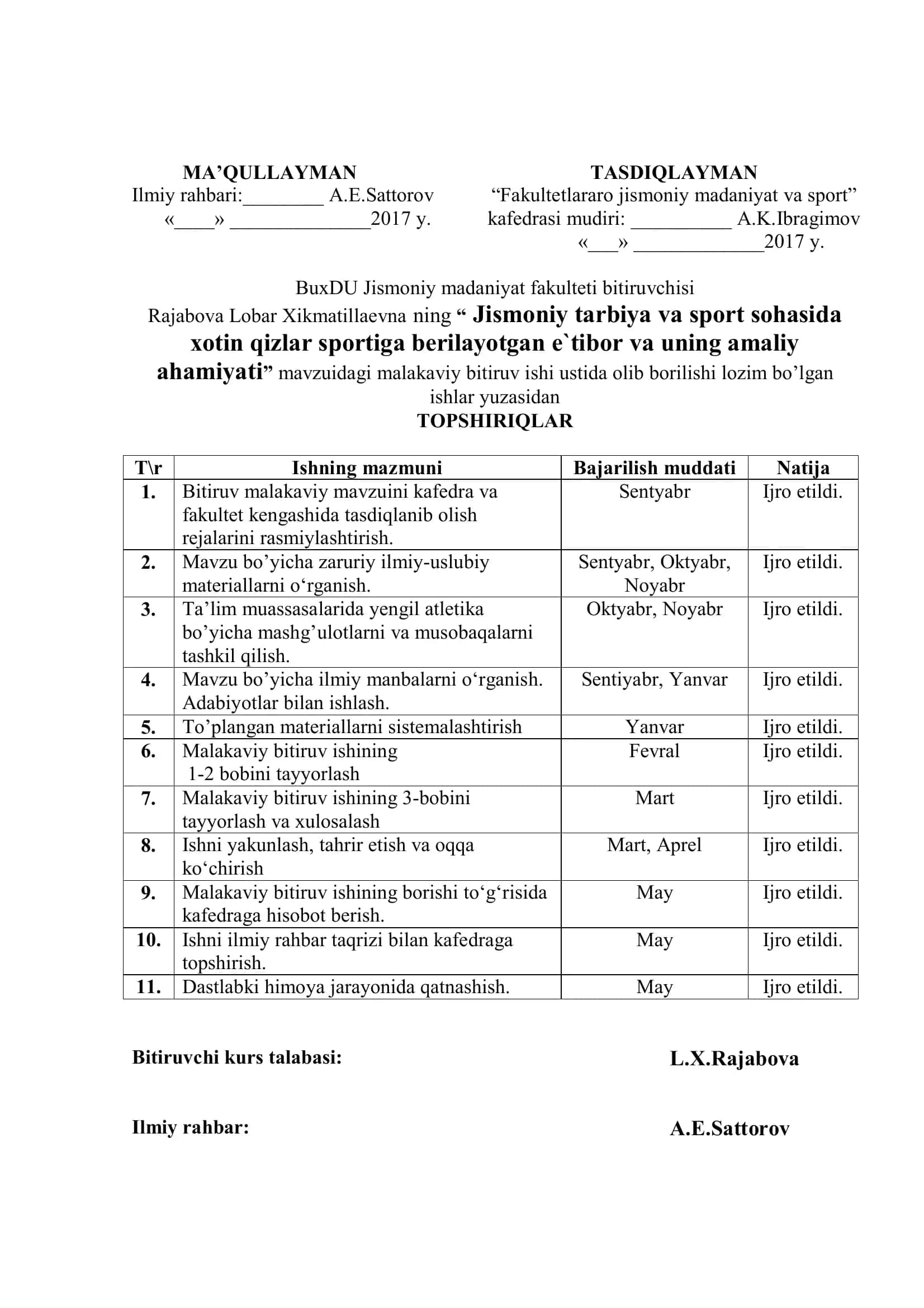 Mavzu:” Jismoniy tarbiya va sport sohasida xotin qizlar sportiga berilayotgan e`tibor va uning amaliy ahamiyati” 3