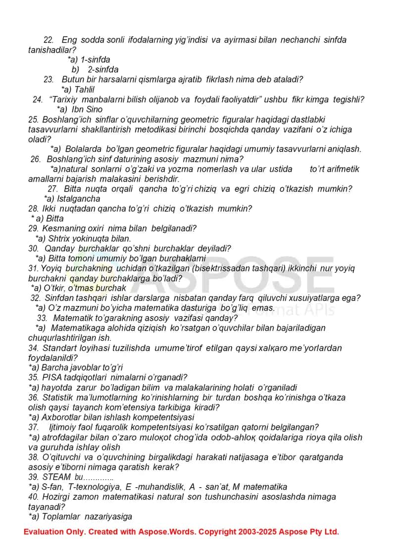 MATEMATIKADAN ped mahorat test savollari javoblari bilan avgust 2025 boshlangich 3