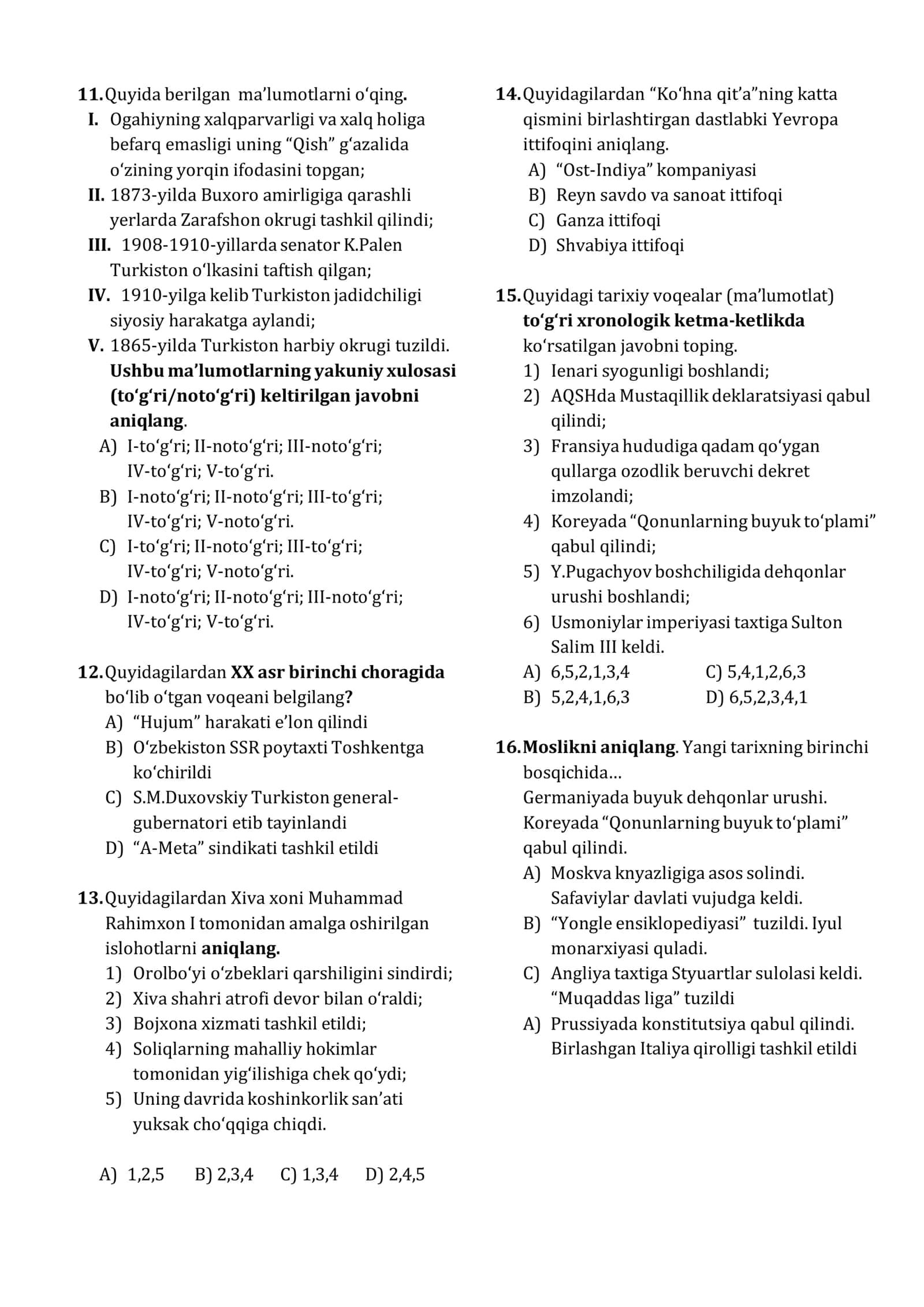 TARIX FANIDAN MILLIY SERTIFIKAT NAMUNASIDAGI TEST 3