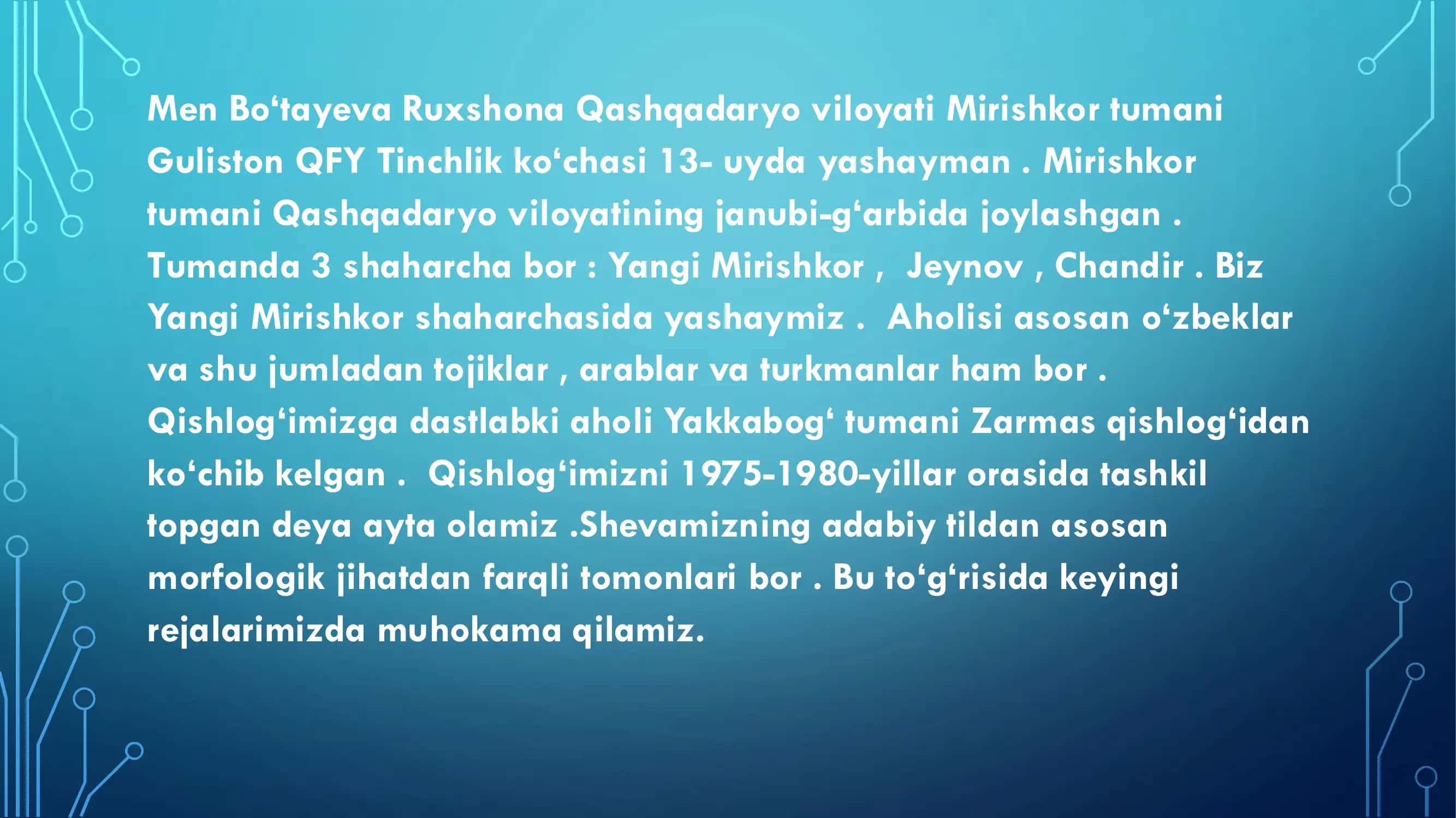 Qashqadaryo viloyati Mirishkor tumani Guliston QFY qarluq shevalari haqida 3