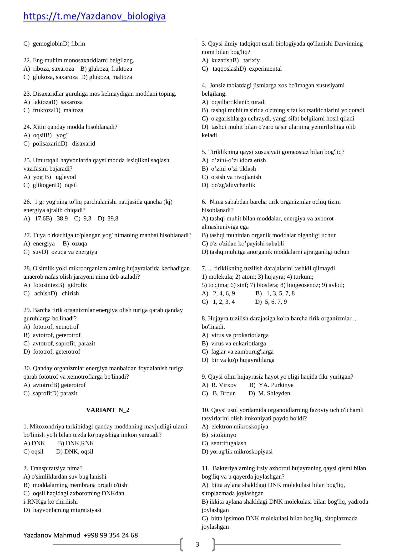 9 sinf biologiyadan mavzulashtirilgan test baza 3