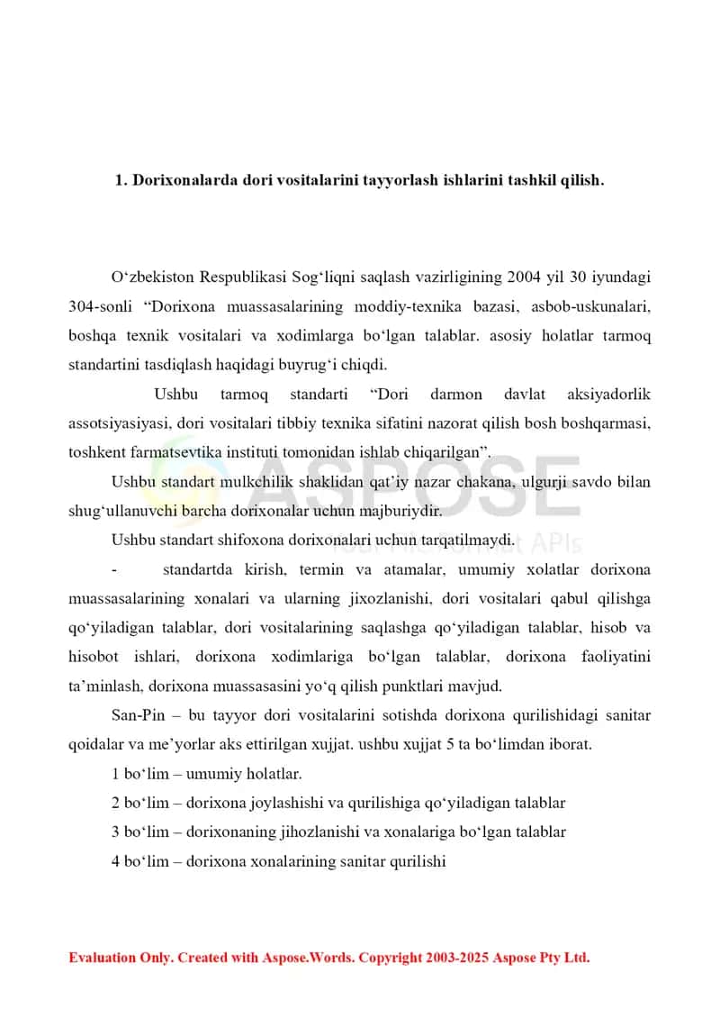Dorixonalarda dori vositalarini tayyorlash ishlarini tashkil qilish. Retseptni taksirovka va ekspertiza qilish. Referat 11 bet. 3