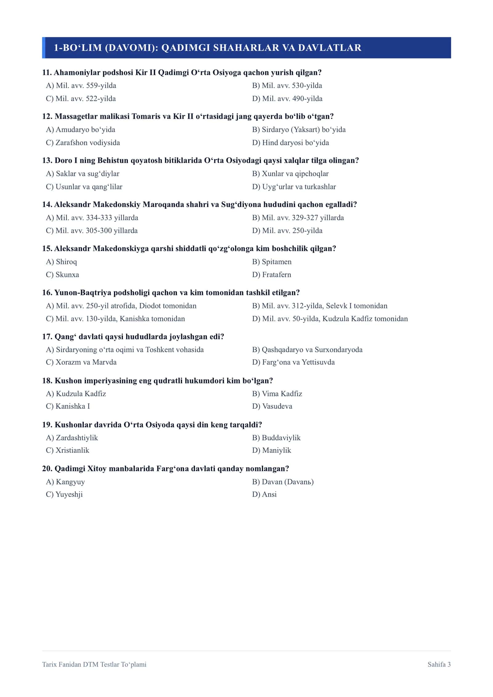 TARIX FANIDAN TESTLAR TO‘PLAMI 3