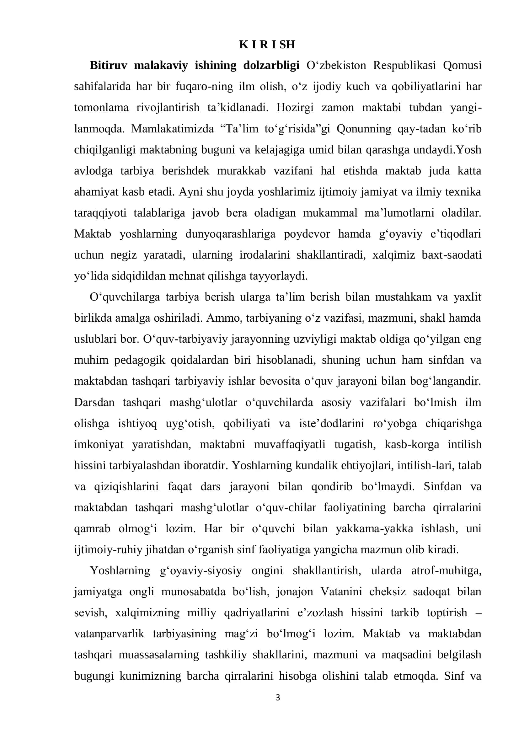 Sinfdan va maktabdan tashqari tarbiyaviy ishlarni MAVZUSIDAGI BITIRUV MALAKAVIY ISHI 3