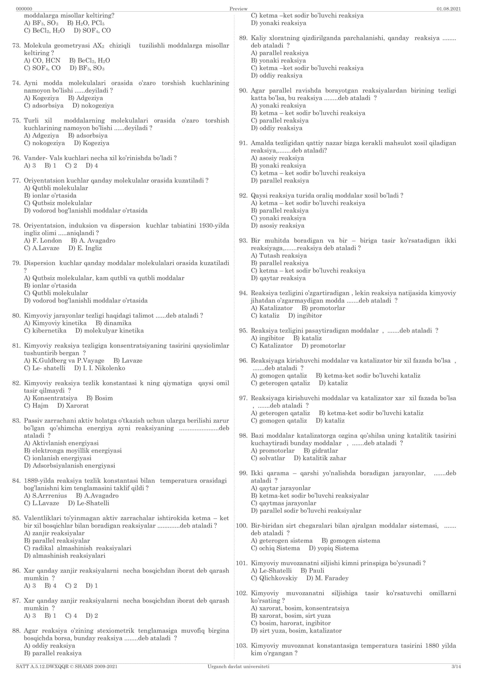 Kimyoviy Elementlar Nazariyasi Test Savollari 3