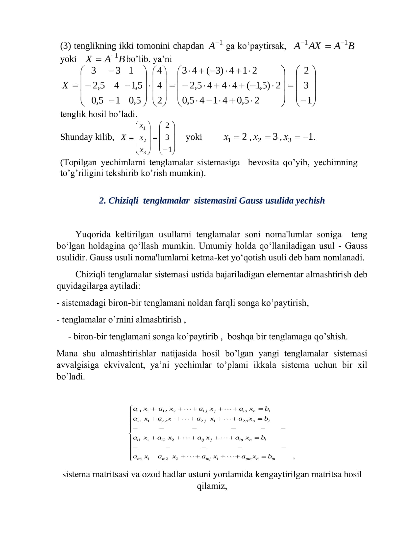 5-ma’ruza. Chiziqli tenglamalar sistemasini yechishning Jordan-Gauss usuli 3