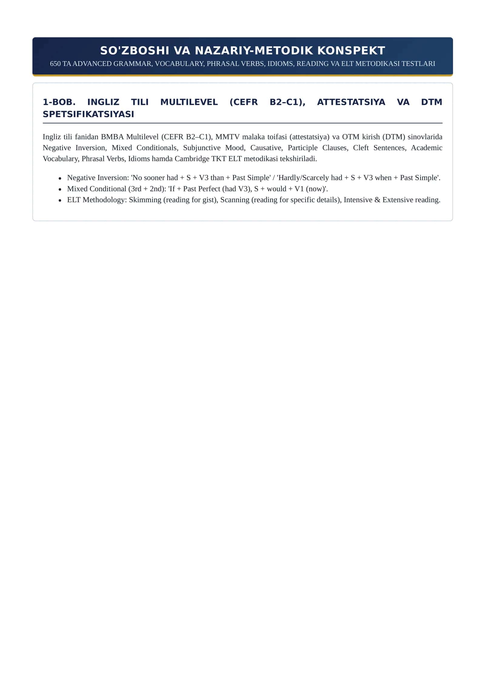 INGLIZ TILI (ENGLISH B2–C1): MULTILEVEL, O'QITUVCHILAR ATTESTATSIYASI VA DTM TESTLARI BAZASI 3