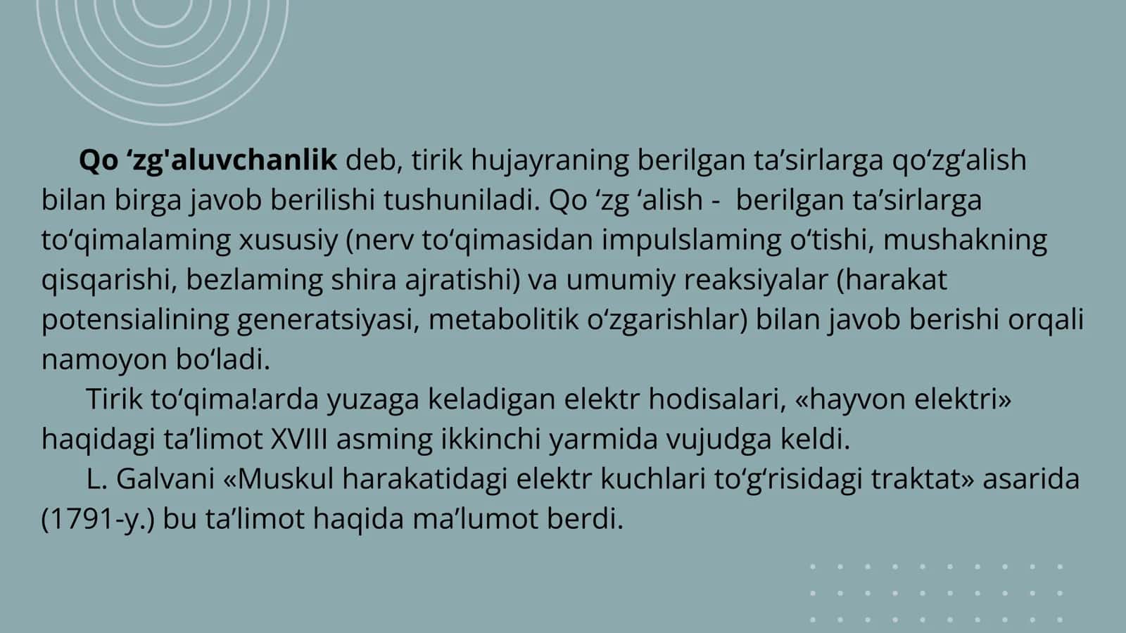 Qo‘zg‘aluvchan to‘qimalarda bioelektrik xodisalar. Ta'sirlash qonunlari tibbiyotda ahamiyati 3