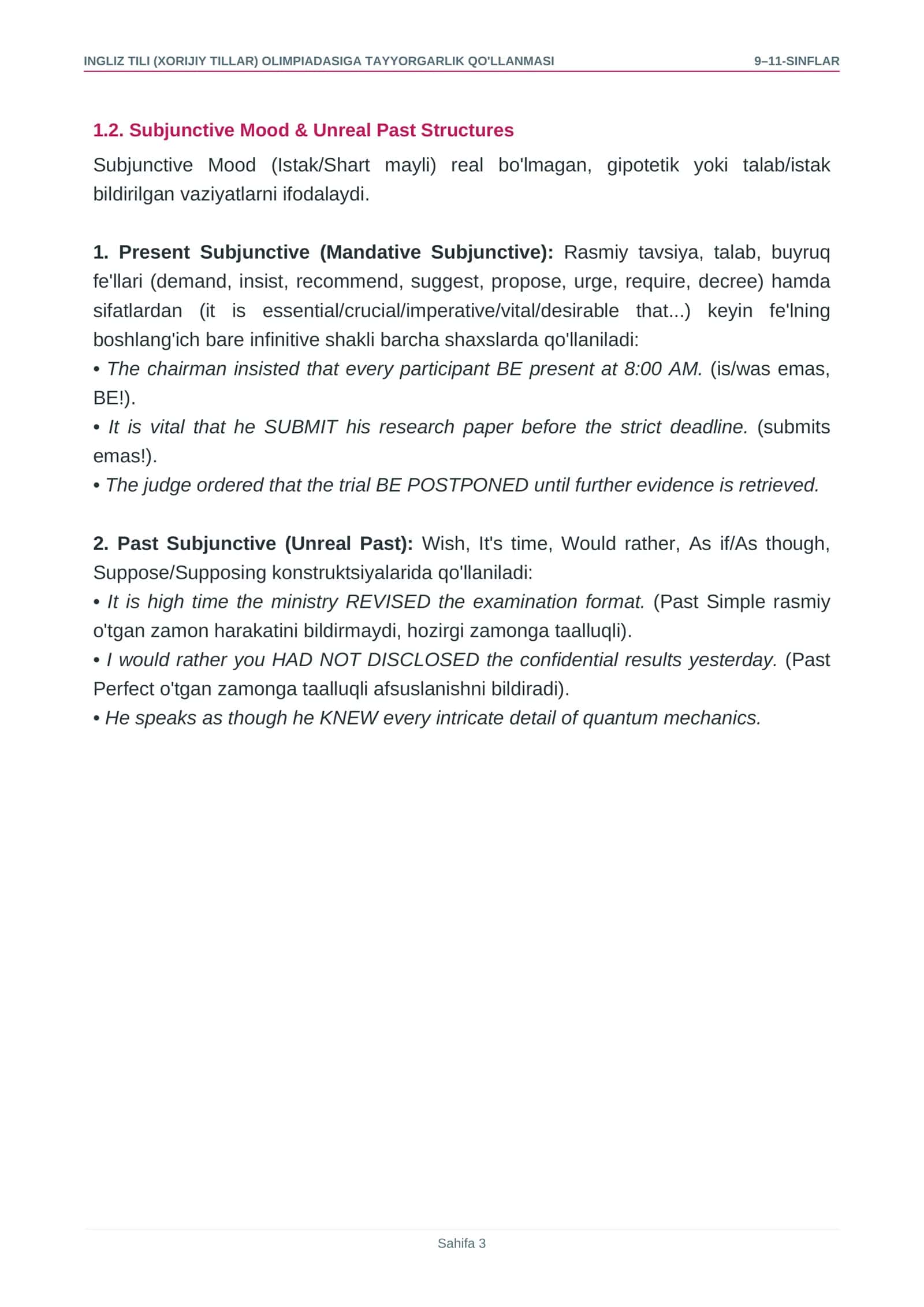 **Ingliz tili (Xorijiy tillar)** fani bo'yicha Respublika hamda xalqaro fan olimpiadalariga (Hippo, TeenOwl, IELOC, CEFR C1/C2) tayyorgarlik ko'ruvchi 9–11-sinf o'quvchilari va til murabbiylari uchun mo'ljallangan **52 betlik mukammal ensiklopedik kitob va 100 ta olimpiada testi to'plami** 3
