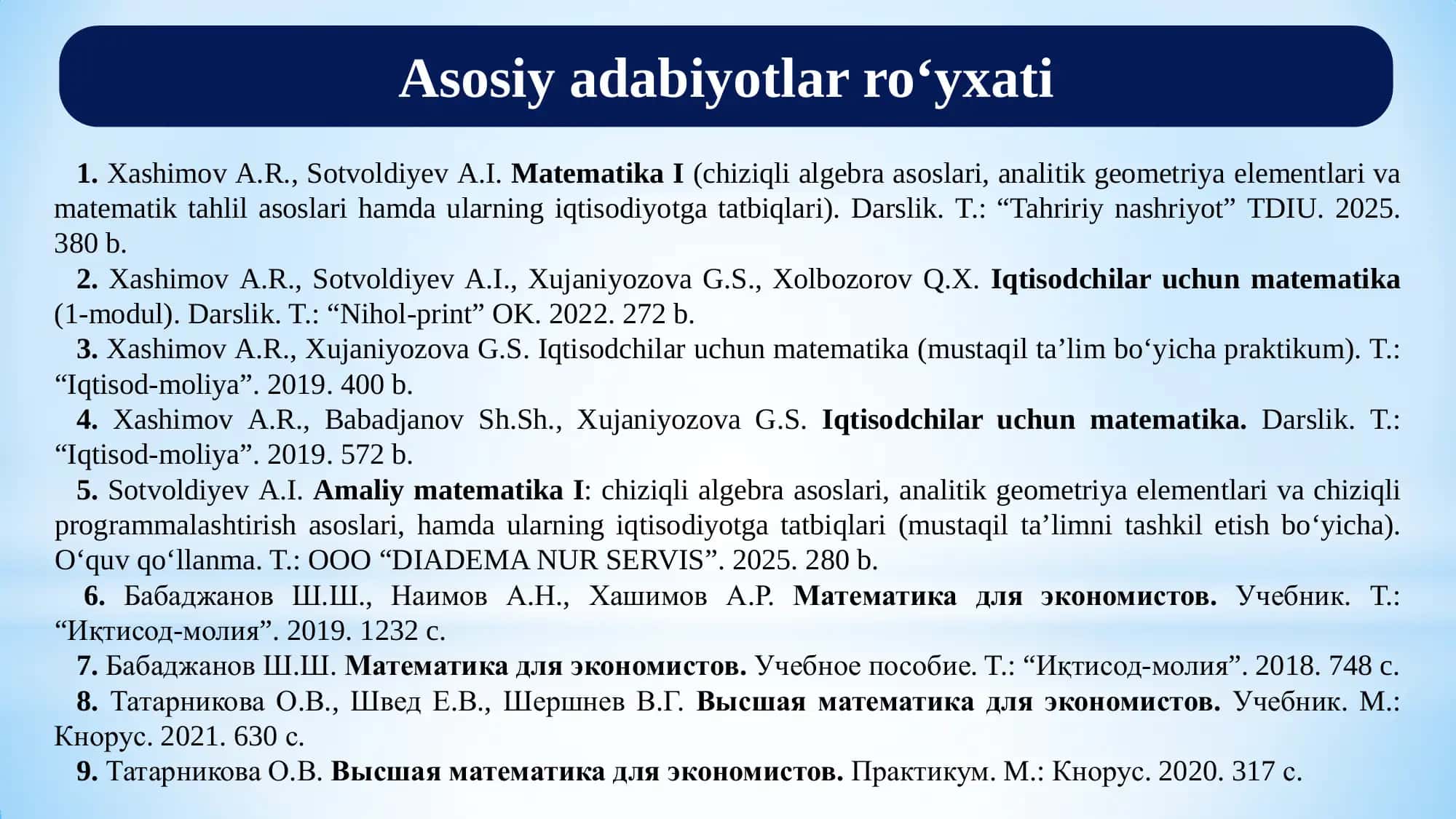 Amaliy matematika 1: Chiziqli tenglamalar sistemasi va uni yechishning Gauss va Gauss-Jordan usullari 3
