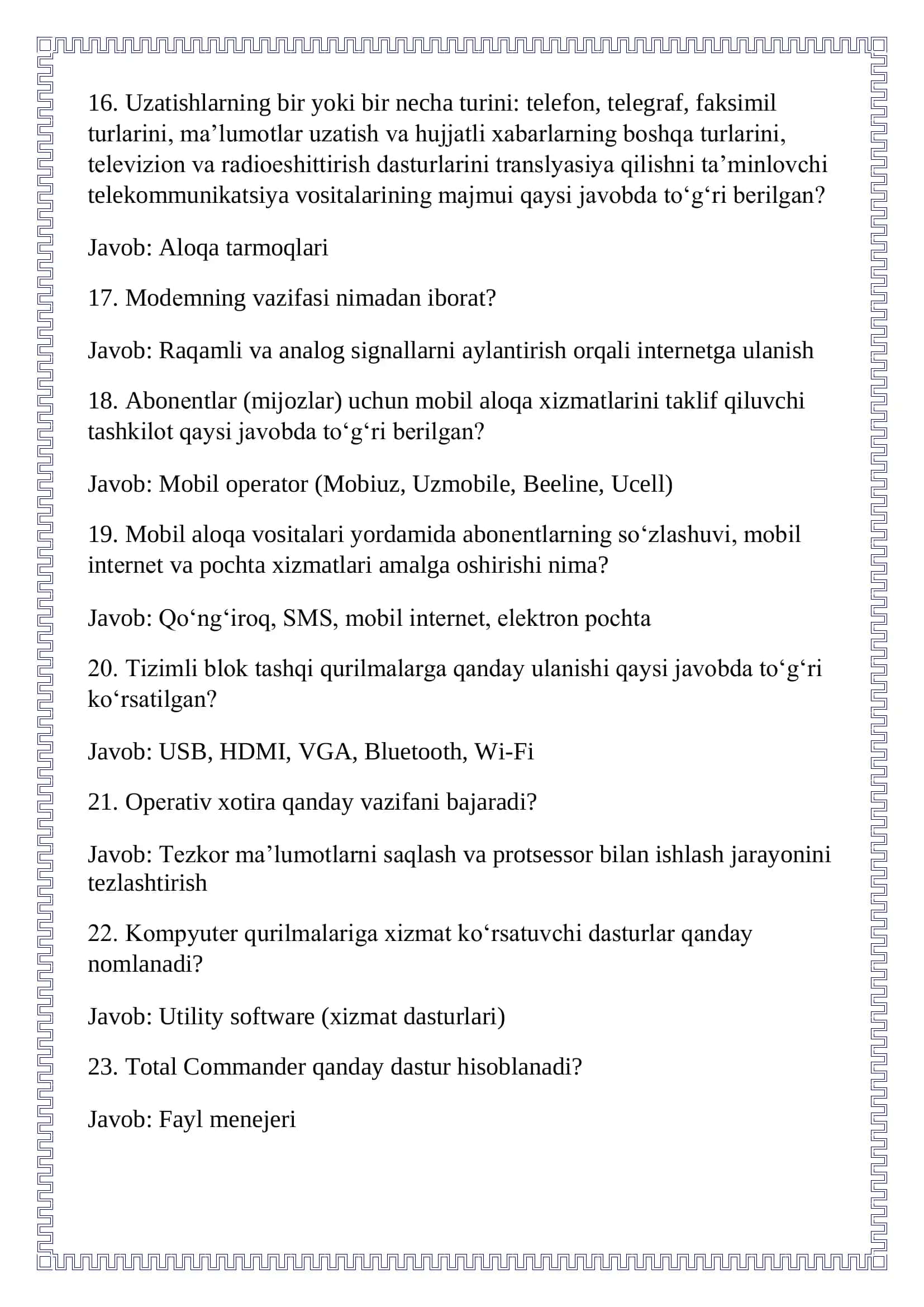 Argosning so’ngi test javoblari 2026-yil Axborot texnologiyalari bo’yicha 3