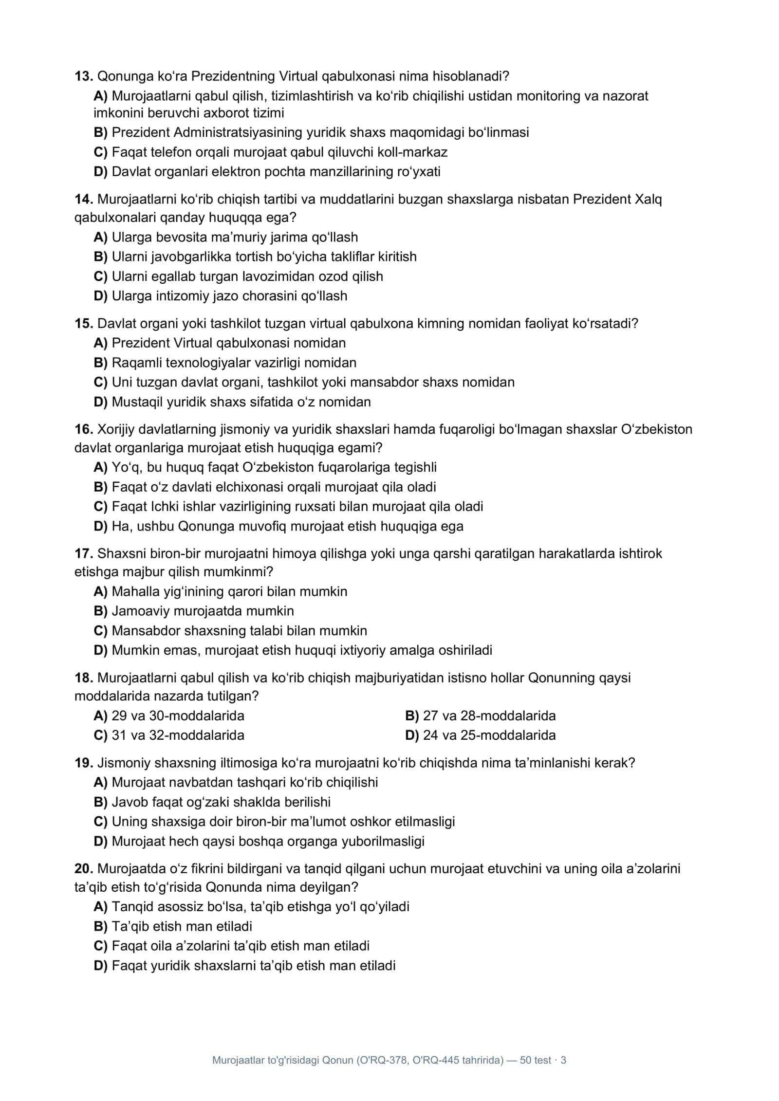 Murojaatlar to'g'risidagi Qonun (O'RQ-378, O'RQ-445 tahririda) — 50 test · 1 3
