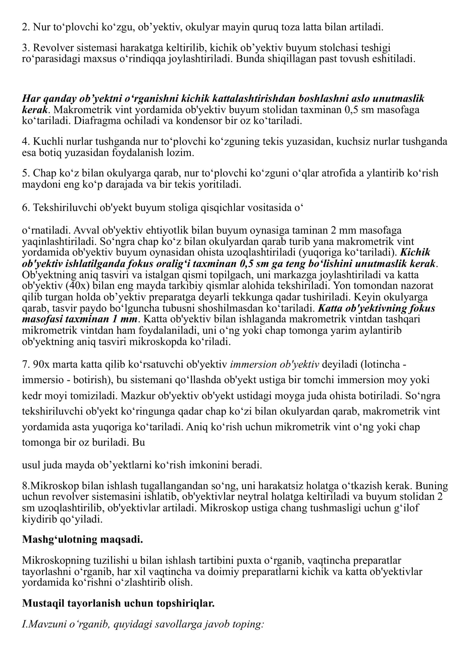 Mikroskop bilan ishlash qoidasi. Vaqtinchalik preparatlar tayyorlash. 3
