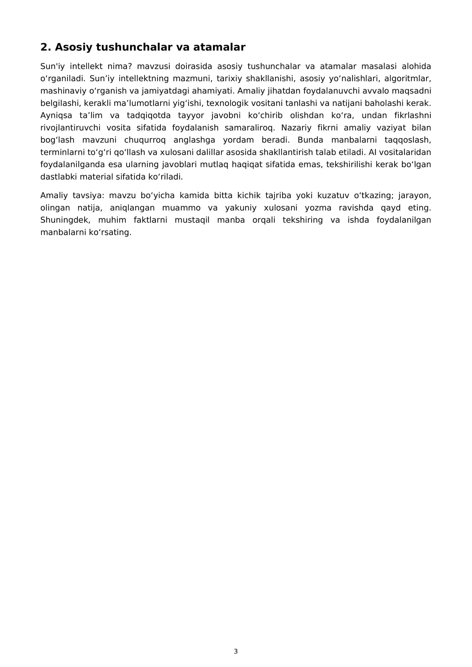 Sun’iy intellektning mazmuni, tarixiy shakllanishi, asosiy yo‘nalishlari, algoritmlar, mashinaviy o‘rganish va jamiyatdagi ahamiyati 3