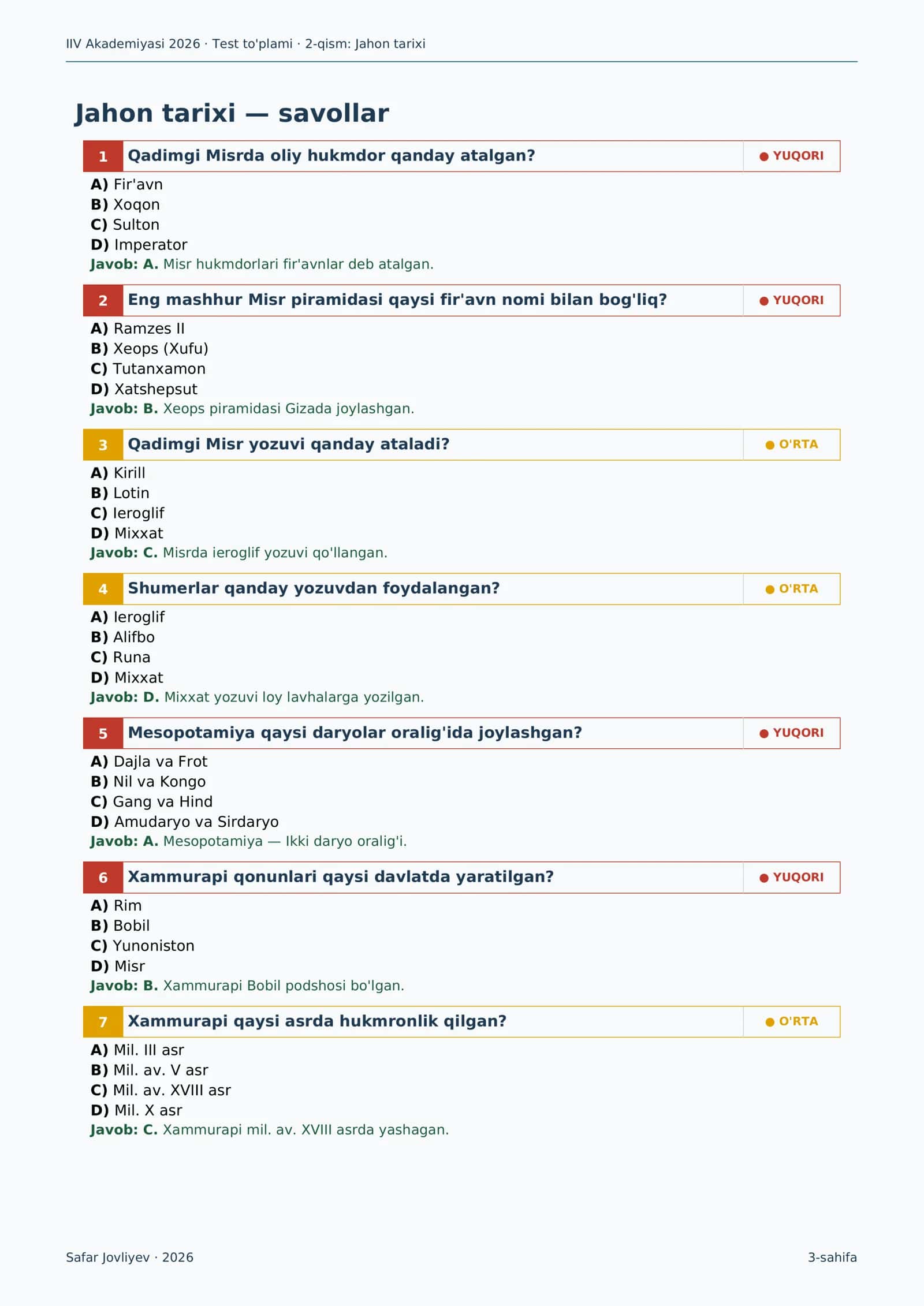 TEST TO'PLAMI QABUL 2026: JAHON TARIXI 3