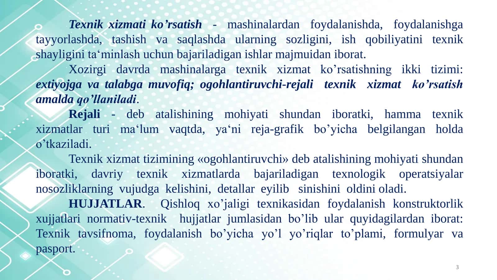 MASHINALARGA TEXNIK XIZMAT va TEXNIK SERVIS KO’RSATISH TIZIMLARI 3