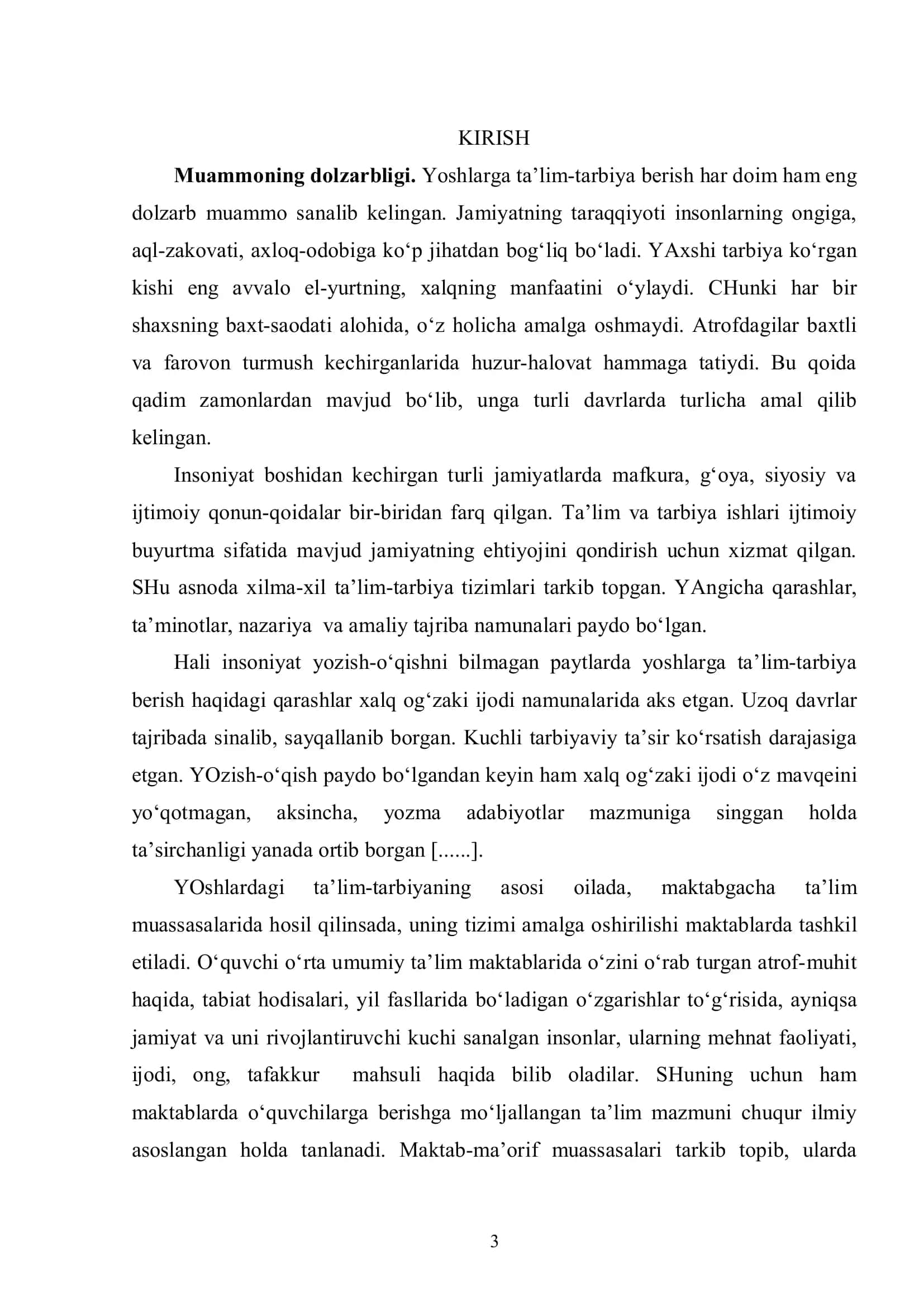 «KICHIK YOSHDAGI O`QUVCHILARNI AXLOQIY TARBIYALASHDA XALQ OG`ZAKI IJODI NAMUNALARIDAN FOYDALANISH» MAVZUSIDA YOZGAN BITIRUV MALAKAVIY ISHI 3