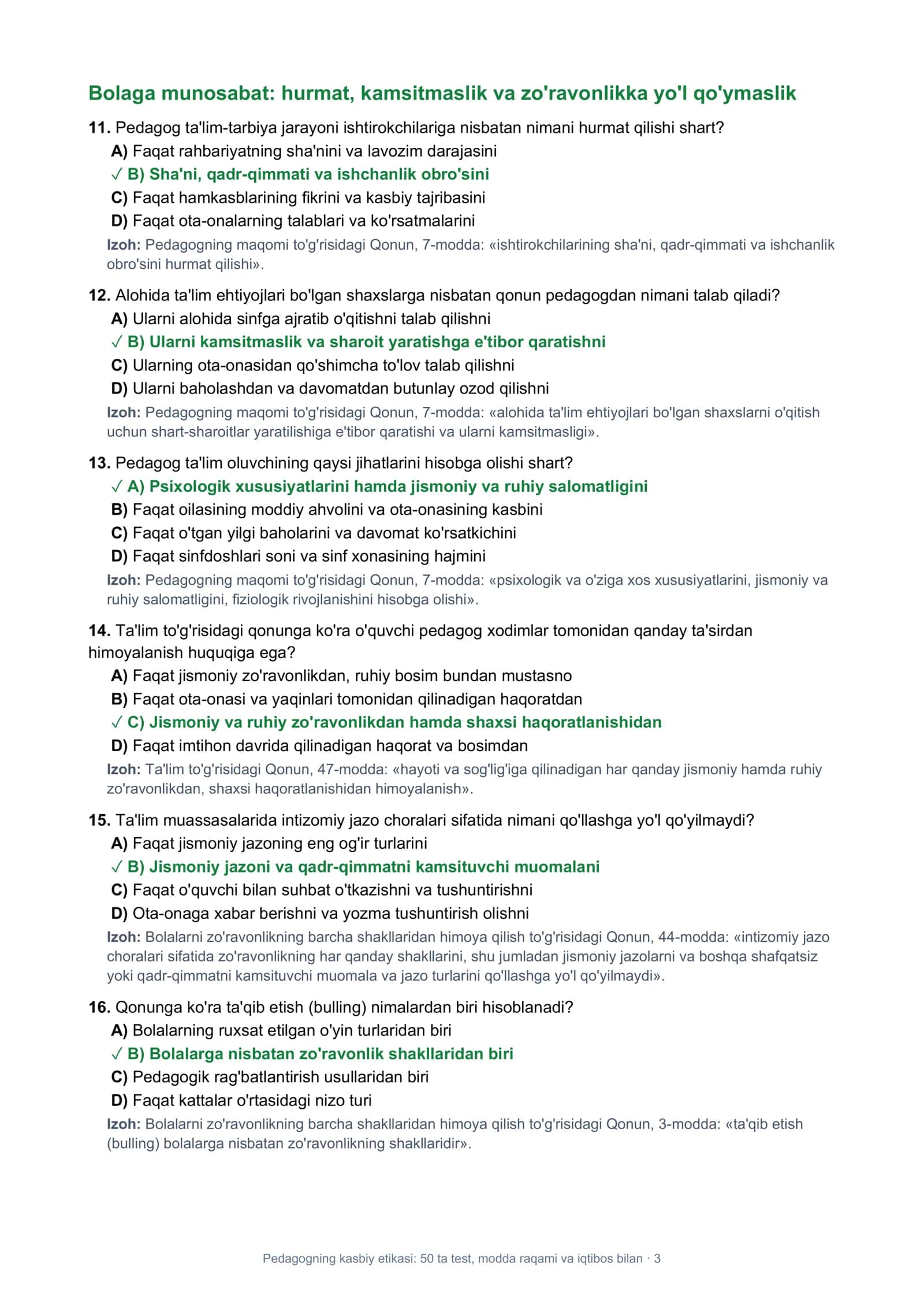 Pedagogning kasbiy etikasi: 50 ta test, modda raqami va iqtibos bilan 3