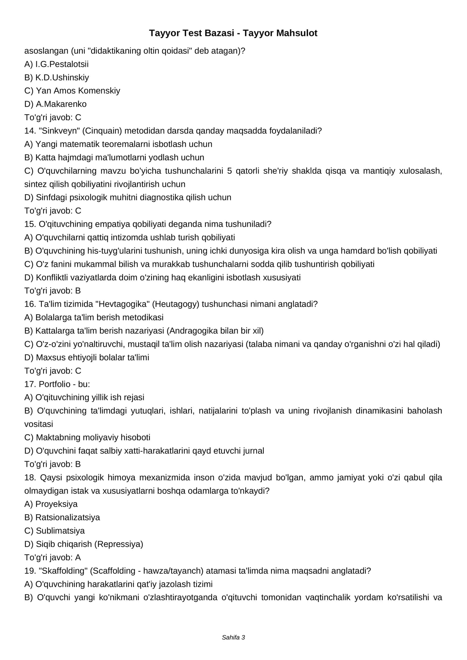 Pedagog sertifikati testlari (100 ta o'ta qiyin savol) 3