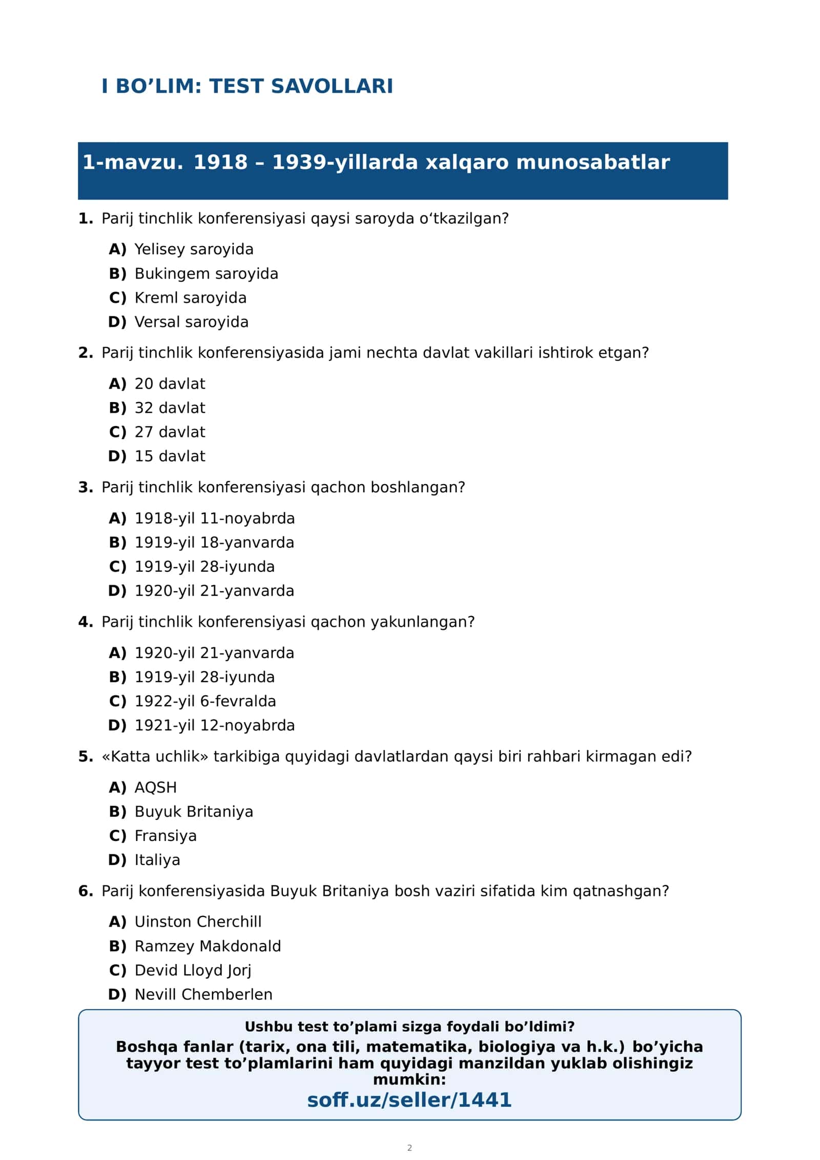 10-sinf Jahon tarixi fanidan mavzulashtirilgan test va savollar to'plami 3