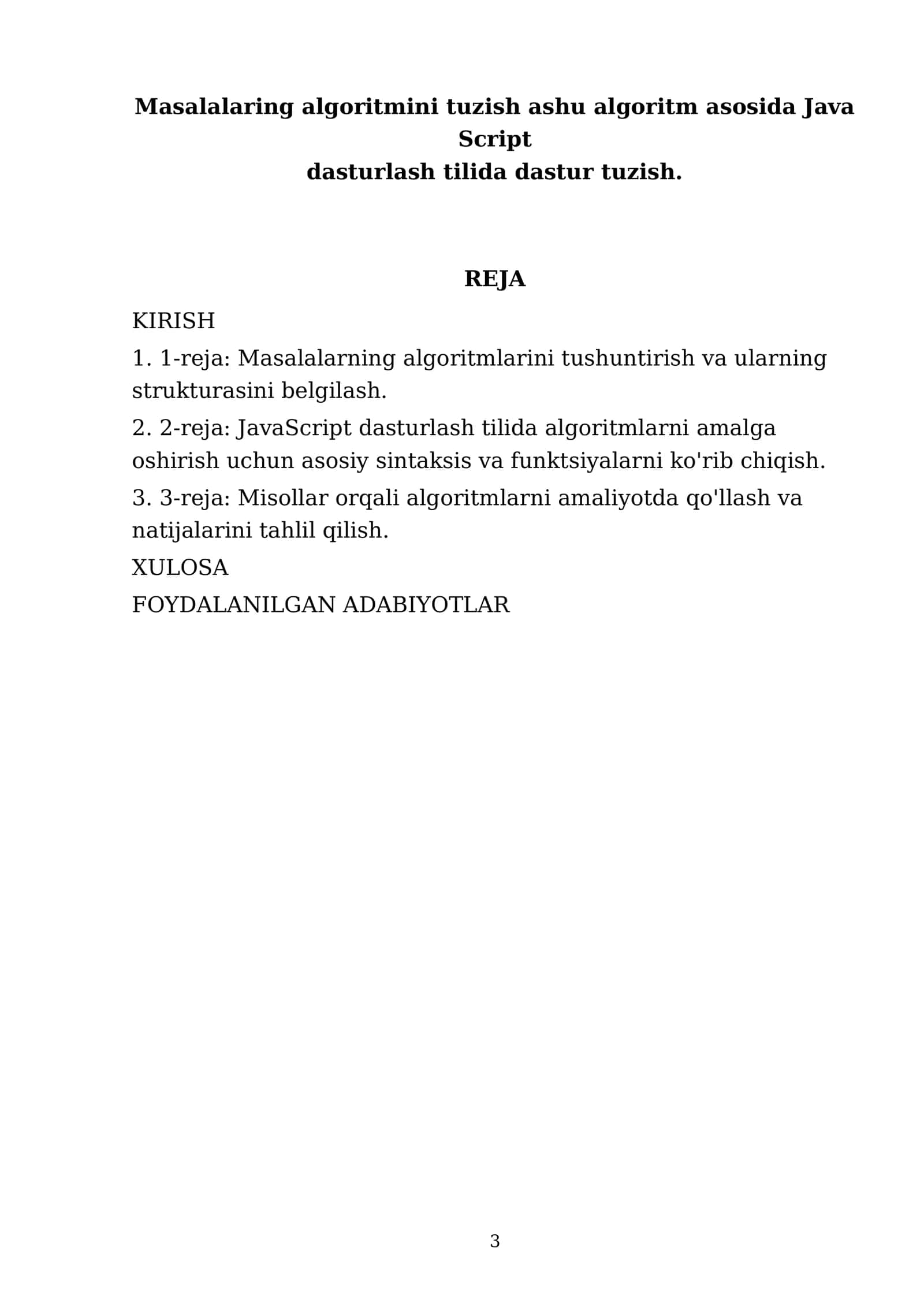 Masalalaring algoritmini tuzish ashu algoritm asosida Java Script dasturlash tilida dastur tuzish 3
