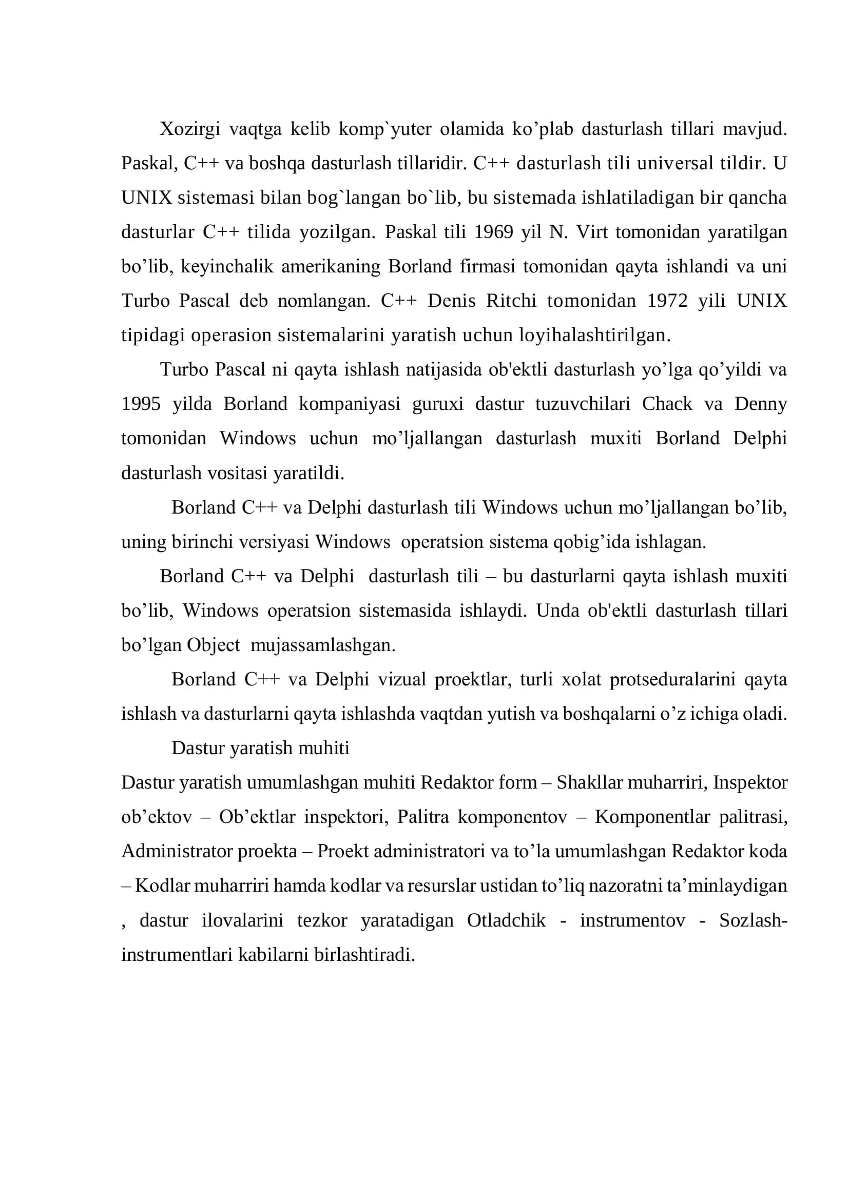 Obektga yo’naltirilgan dasturlash tillari. C++ va Borloand C++Builder 3