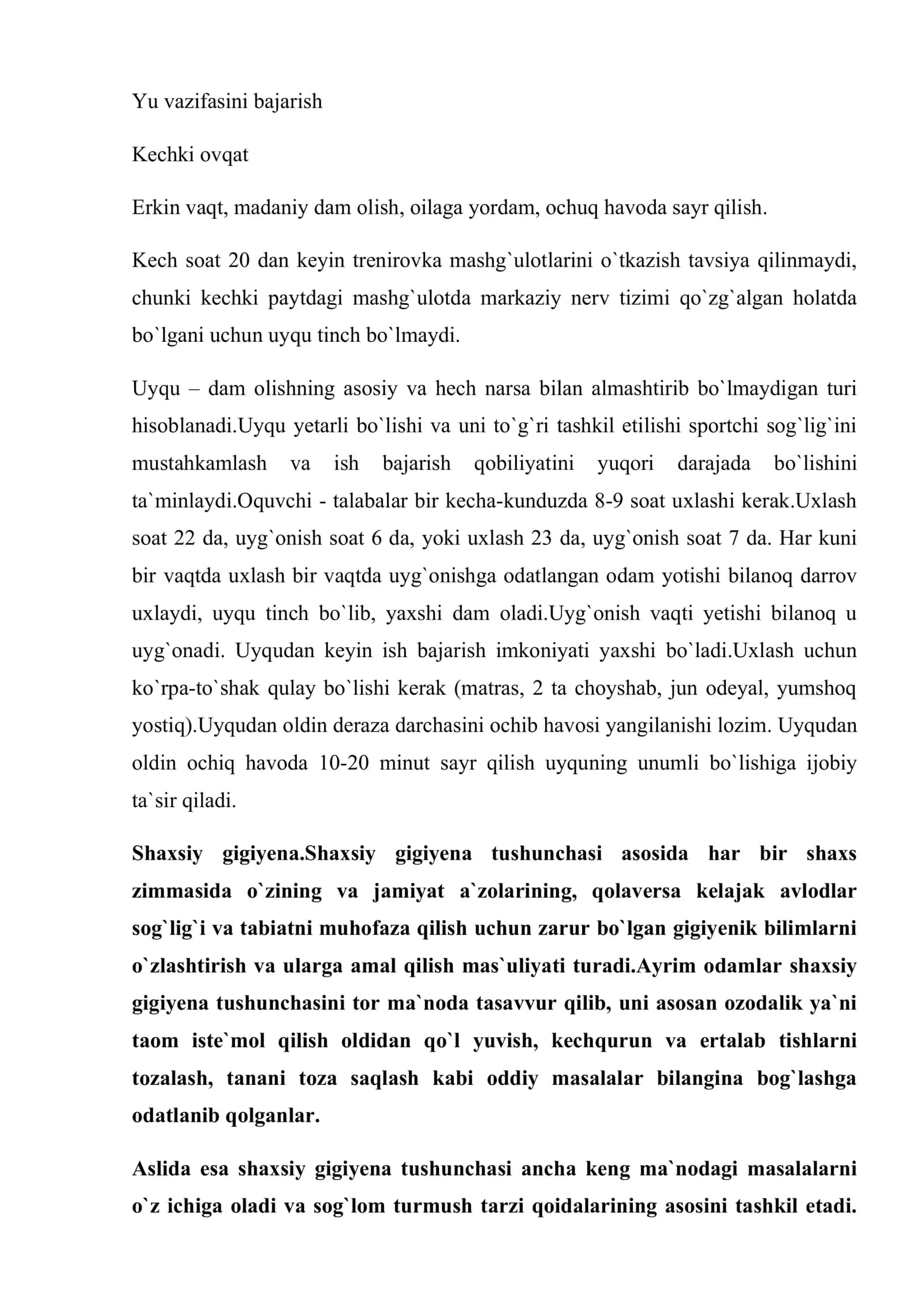 Kun tartibi, shaxsiy gigiyena, organizmni chiniqtirish, ratsional ovqatlanish - sog’lom turmush tarzining muhim qismlari 3