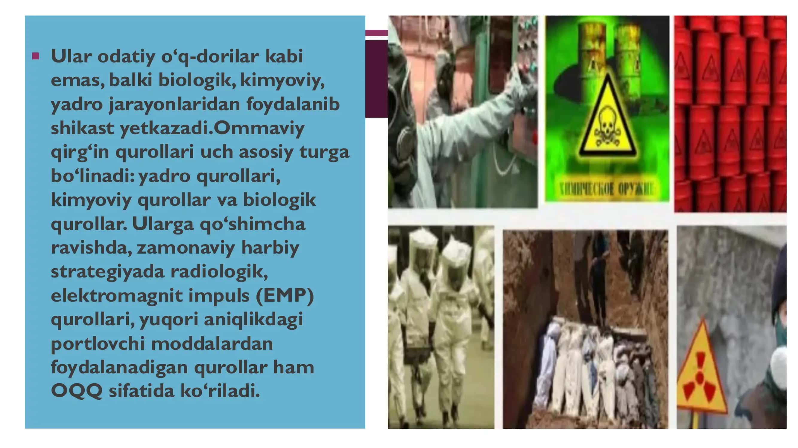 ZAMONAVIY OMMAVIY QIRG‘IN QUROLLARI VA ULARDAN HIMOYALANISH. YADRO VA KIMYOVIY QUROLLAR VA ULARDAN HIMOYALANISH 3