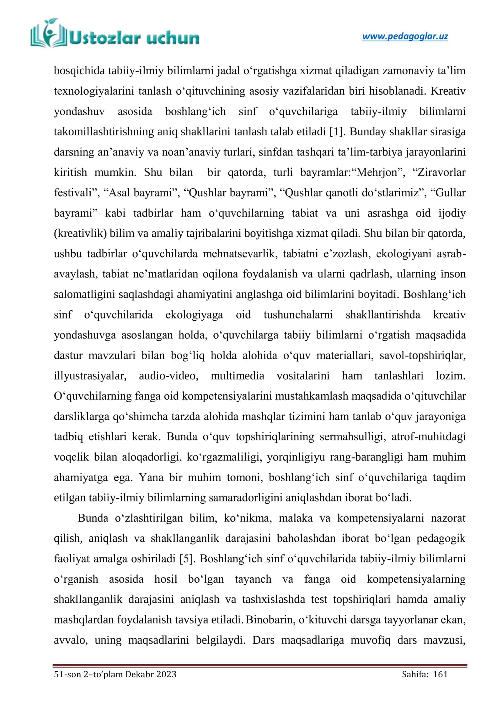 BOSHLANG‘ICH SINFLARDA TABIIY FANLARNI O‘QITISHDA O‘QUVCHILARNING EKOLOGIYAGA OID TUSHUNCHALARINI KREATIV YONDASHUV ASOSIDA TAKOMILLASHTIRISH METODIKASI 3