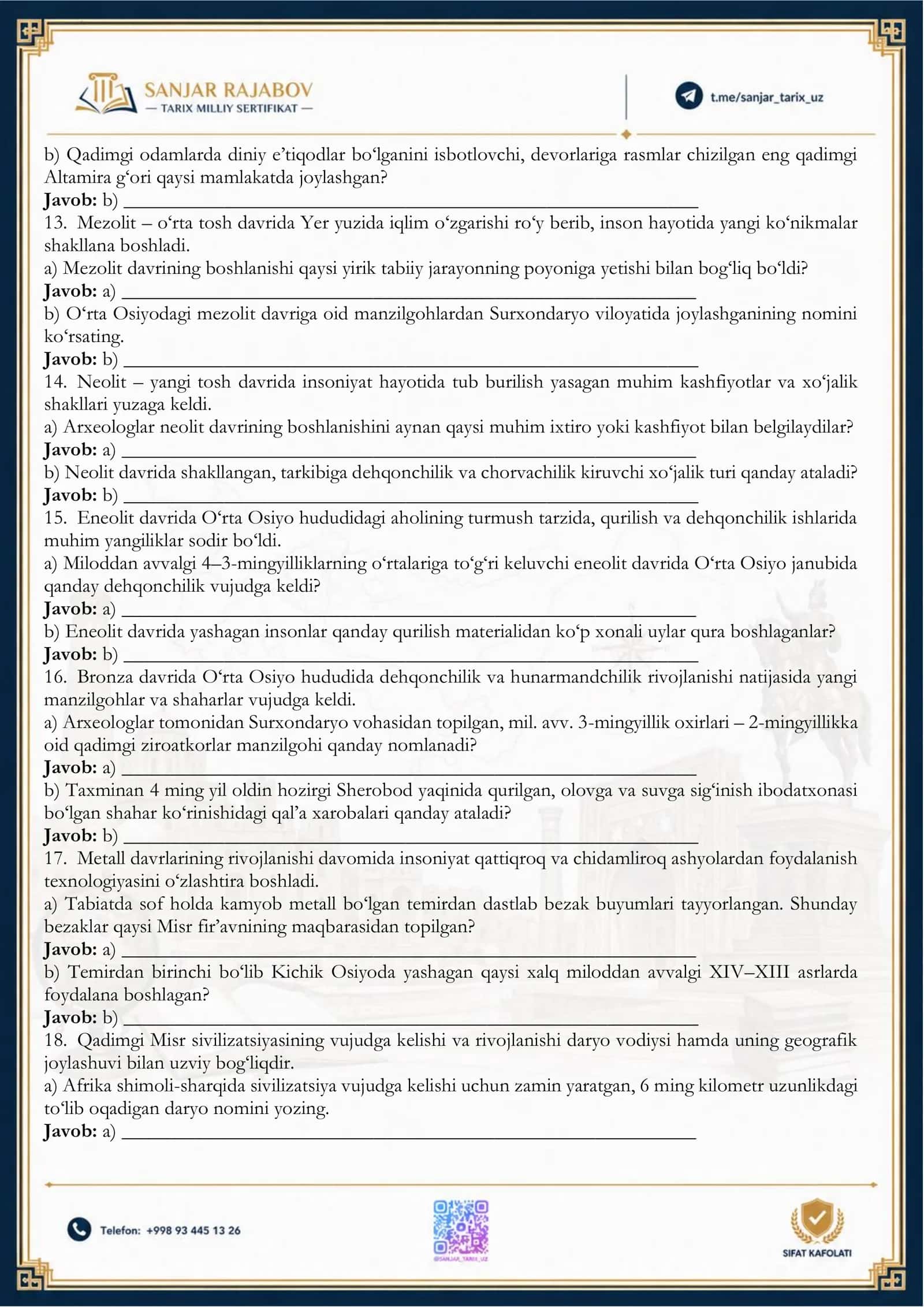 Milliy sertifikat uchun 6-sinf Qadimgi dunyo tarixi Mavzulashgan Ochiq savollar bazasi 3