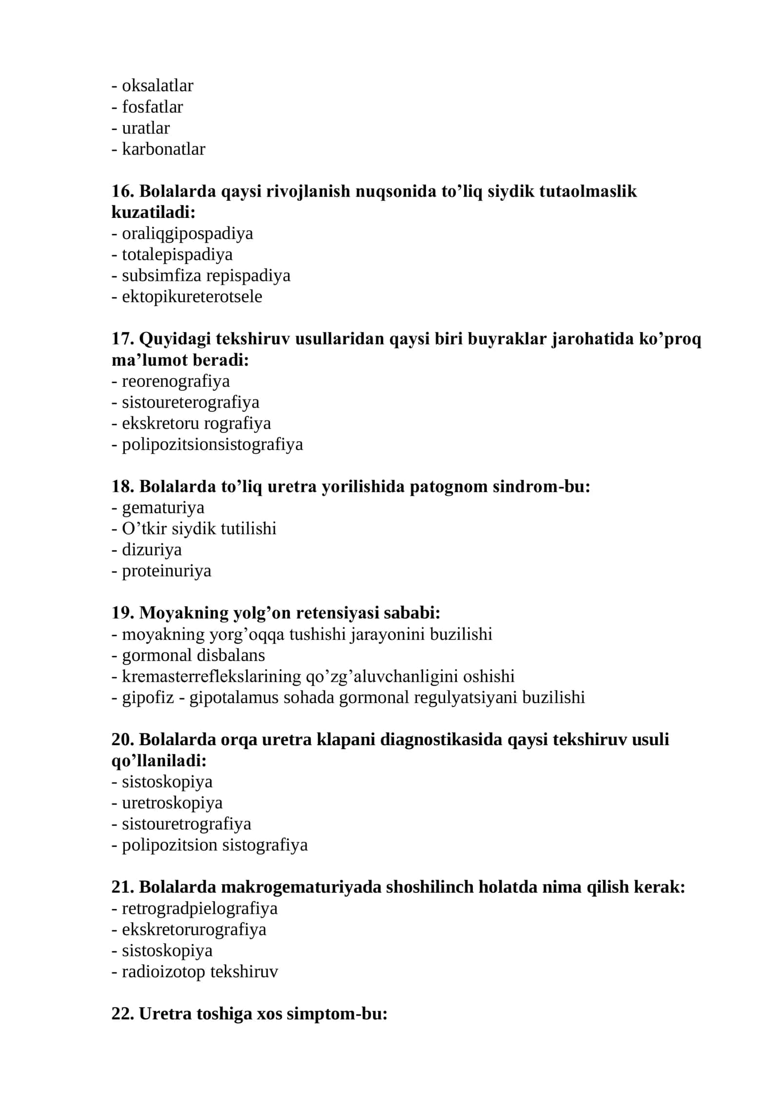 Bolalar xirurgiyasi mutaxassisligi bo’yicha shakllantirilgan test savollari ro’yxati 3