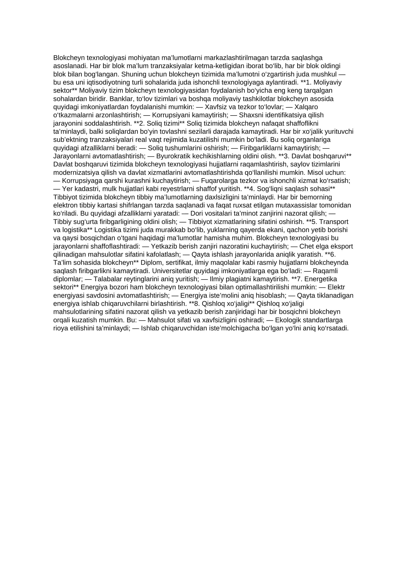 Milliy iqtisodiyotning turli sohalarida blokcheyn texnologiyasidan foydalanish yo‘llari 3