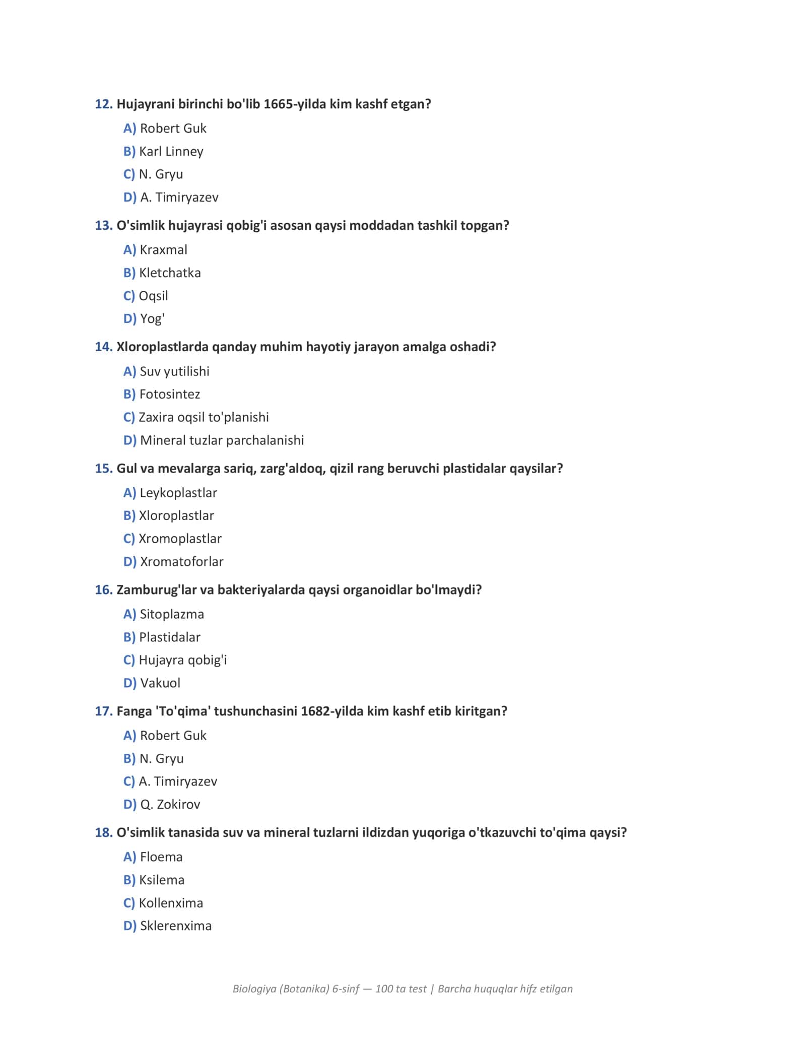 Biologiya (Botanika) 6-sinf — 100 ta test | Barcha huquqlar hifz etilgan 3
