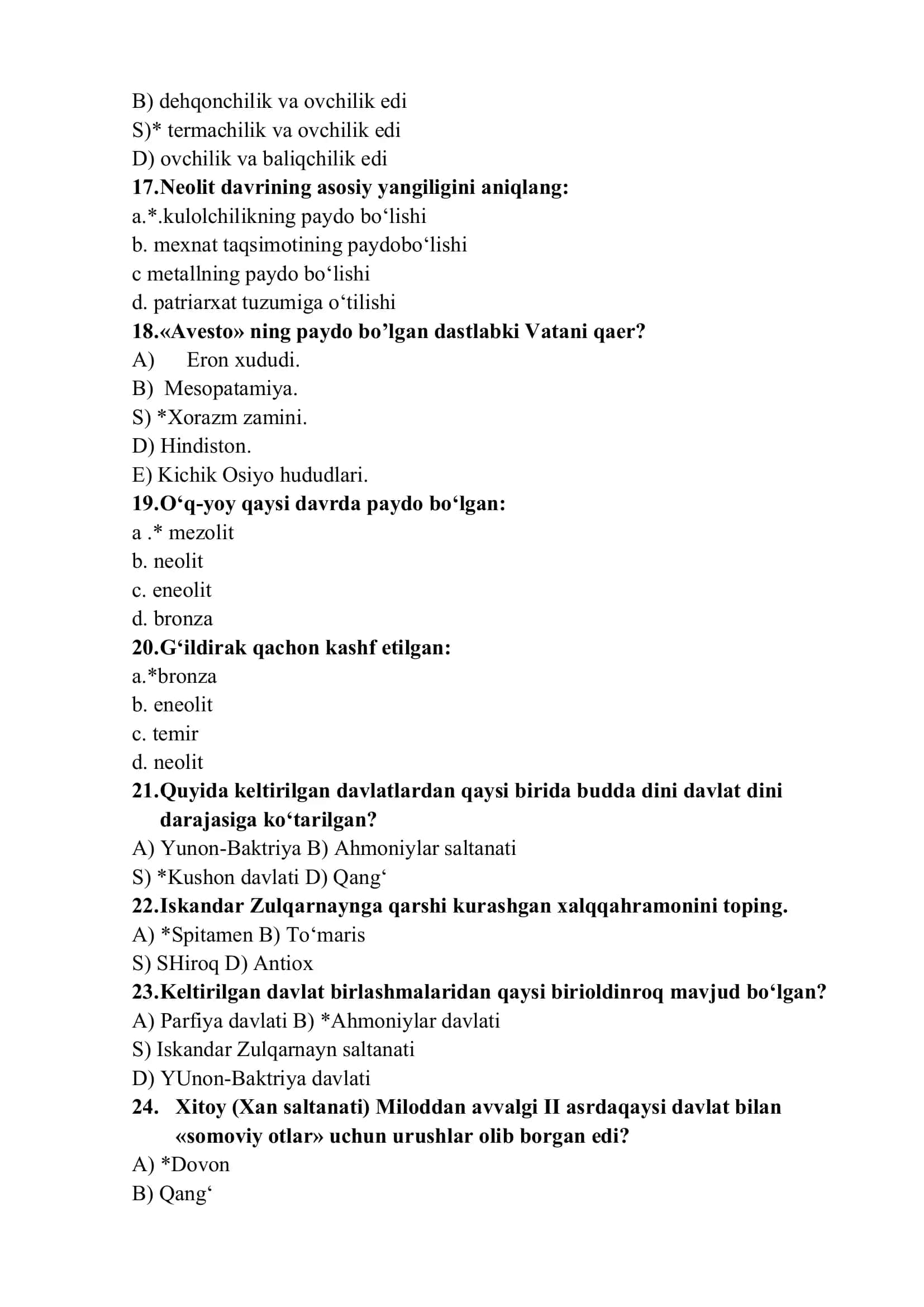 O'zbekiston tarixi test savollari javoblari 3