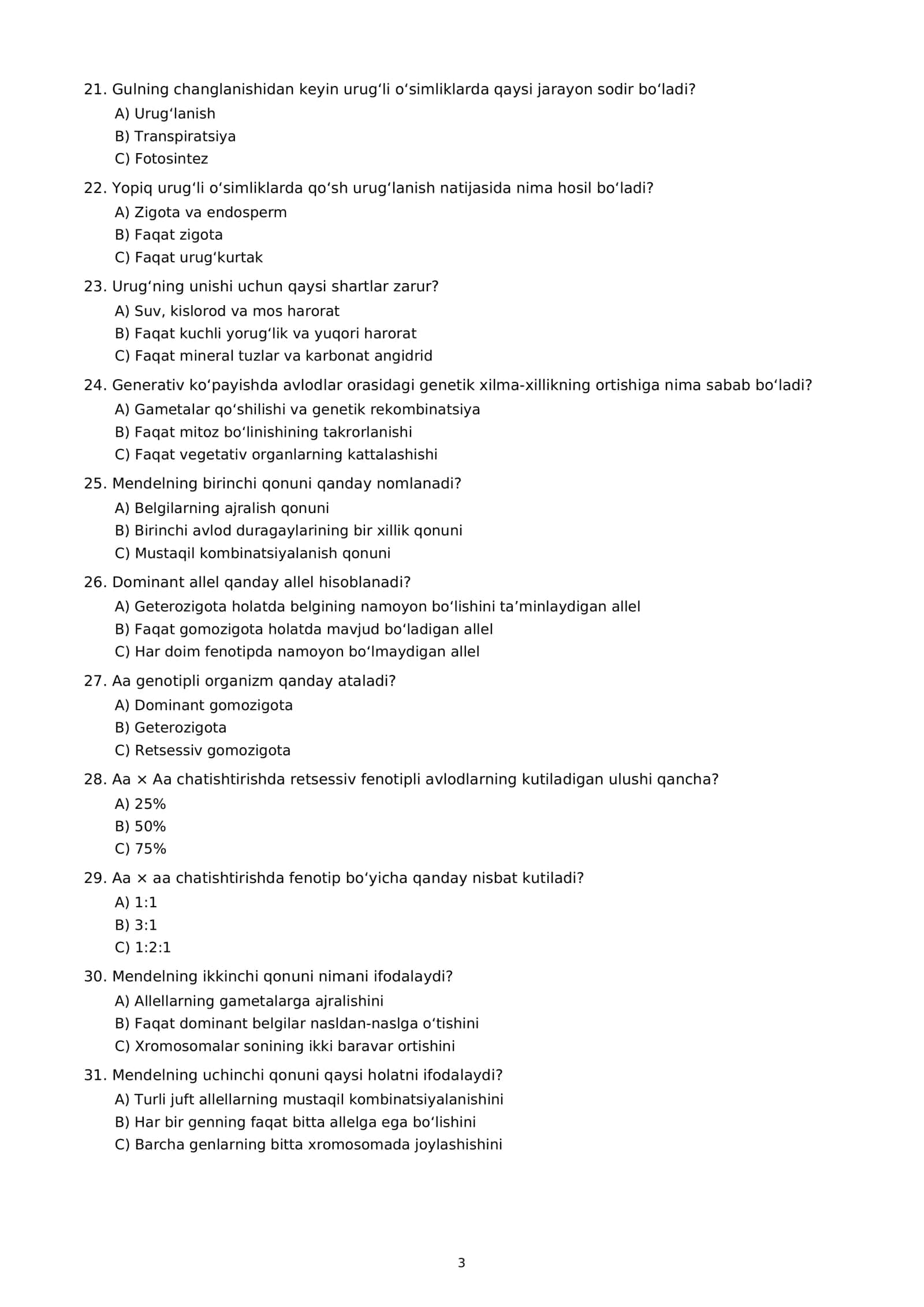 Argos Biologiya 10-11 sinf 100ta test 3