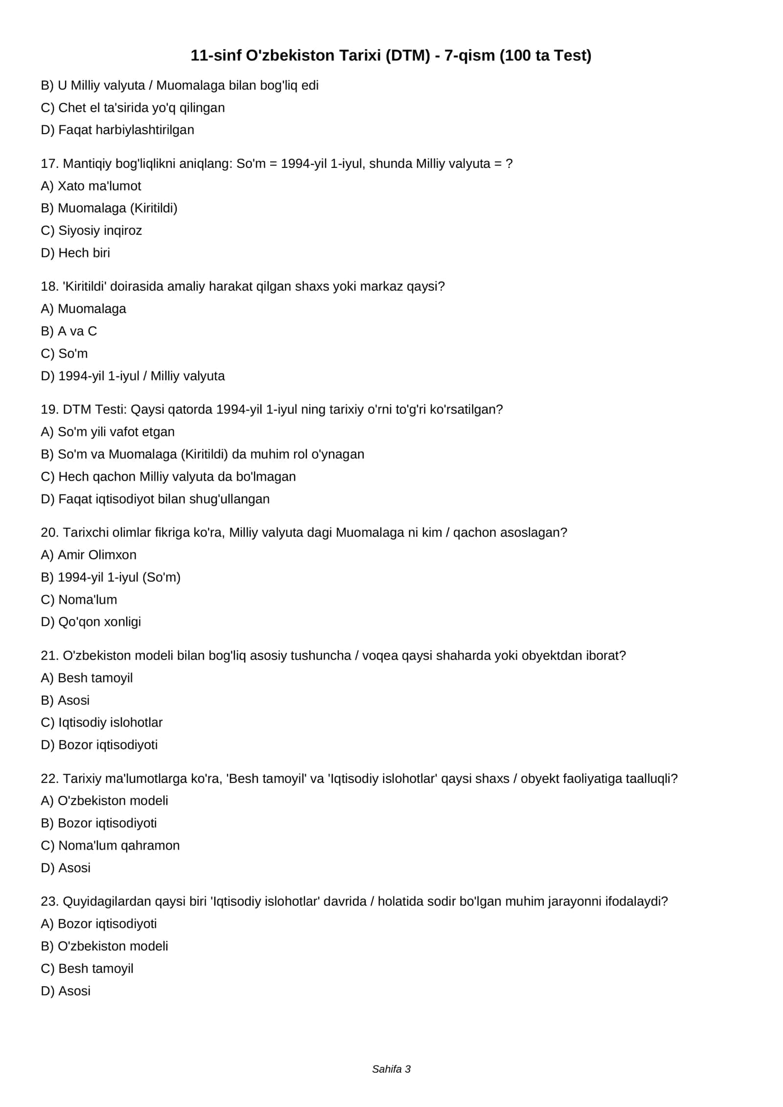 11-sinf O'zbekiston Tarixi (DTM) - 7-qism (100 ta Test) 3